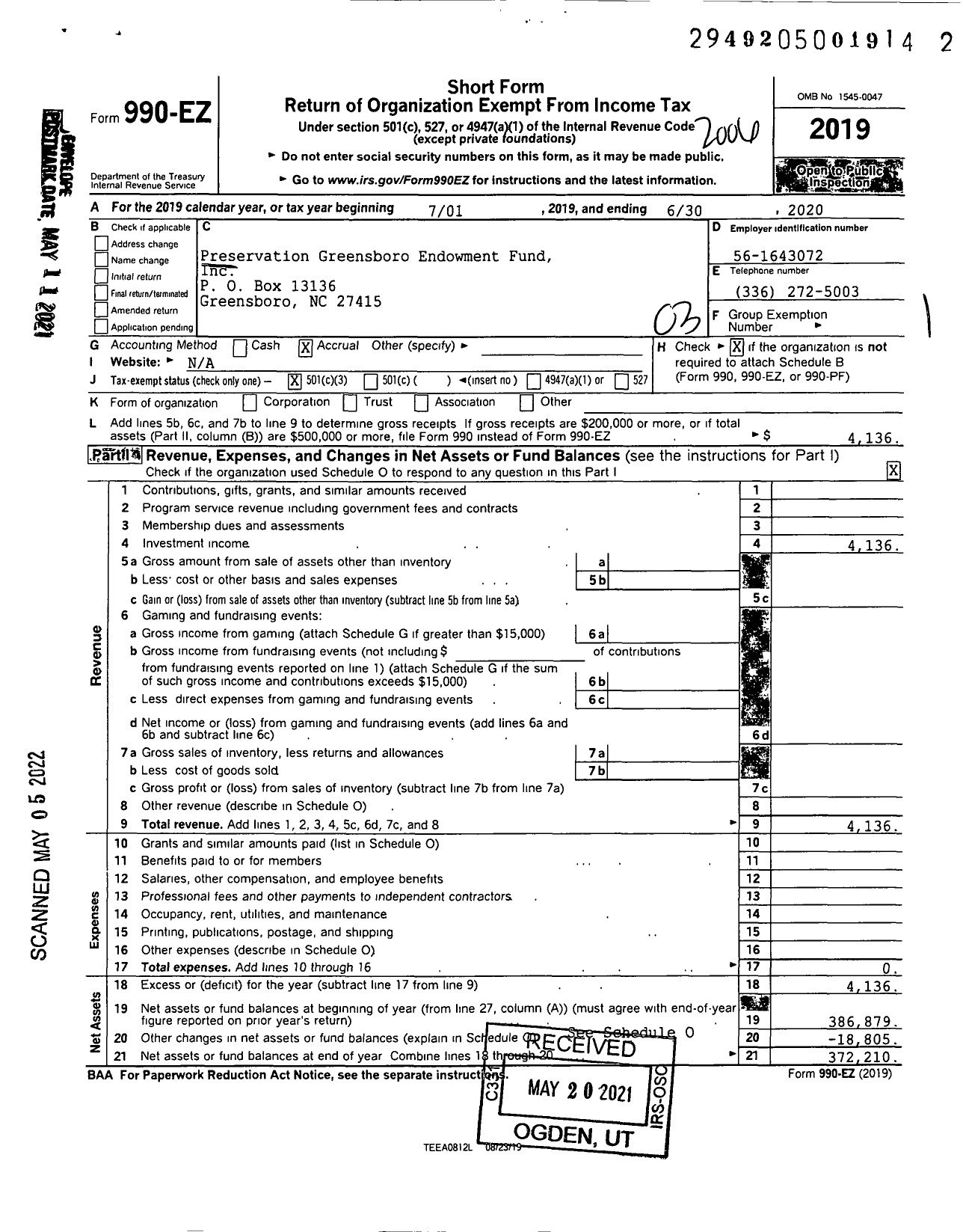 Image of first page of 2019 Form 990EZ for Preservation Greensboro Endowment Fund