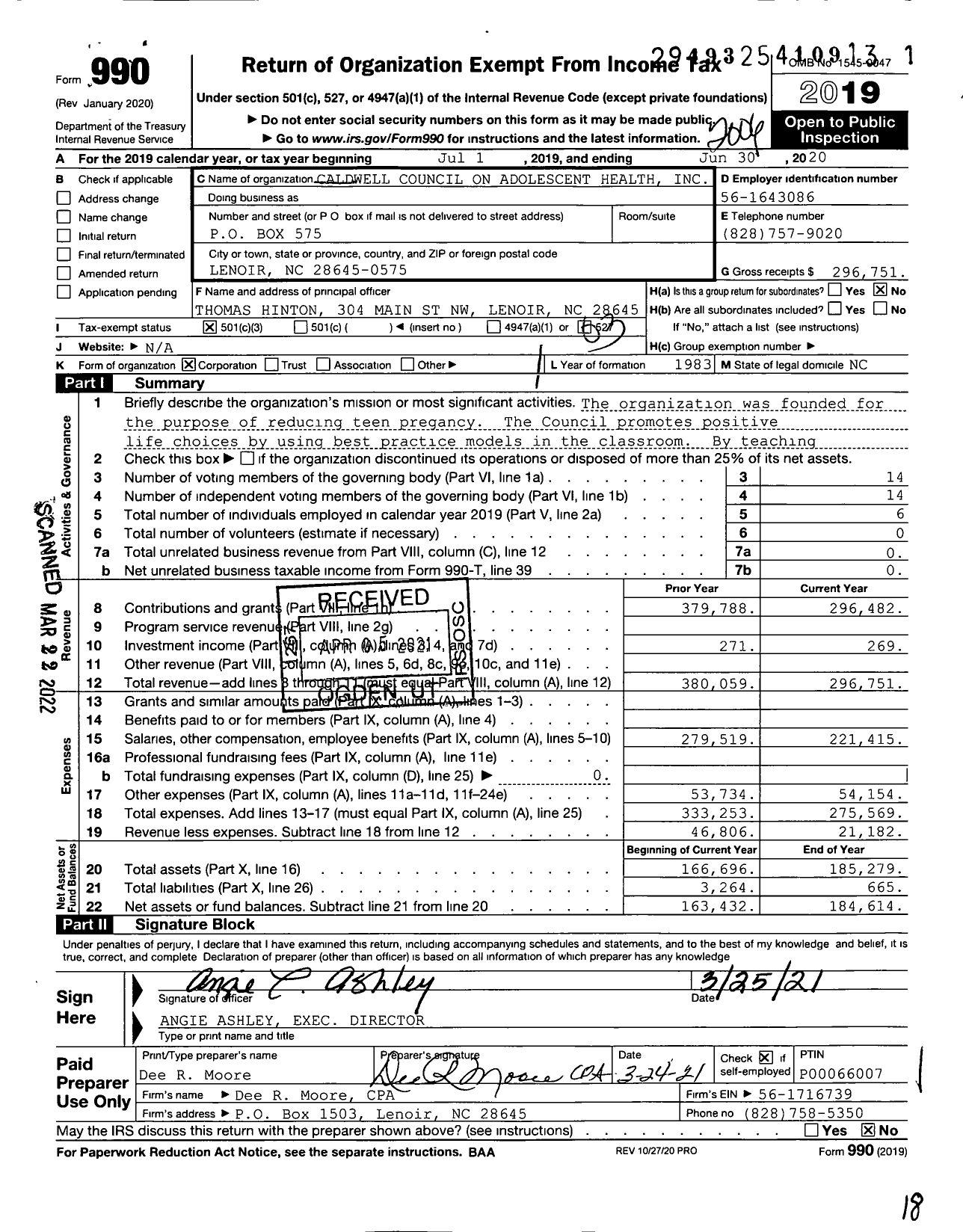 Image of first page of 2019 Form 990 for Caldwell Council on Adolescent Health