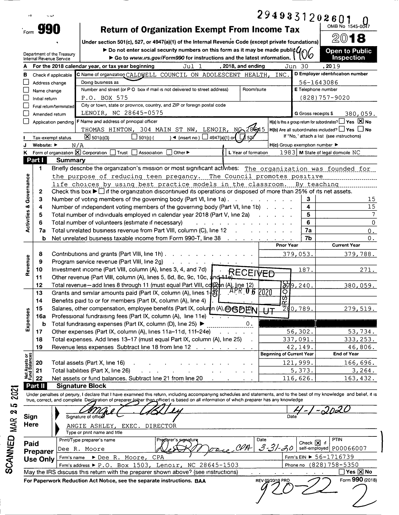 Image of first page of 2018 Form 990 for Caldwell Council on Adolescent Health