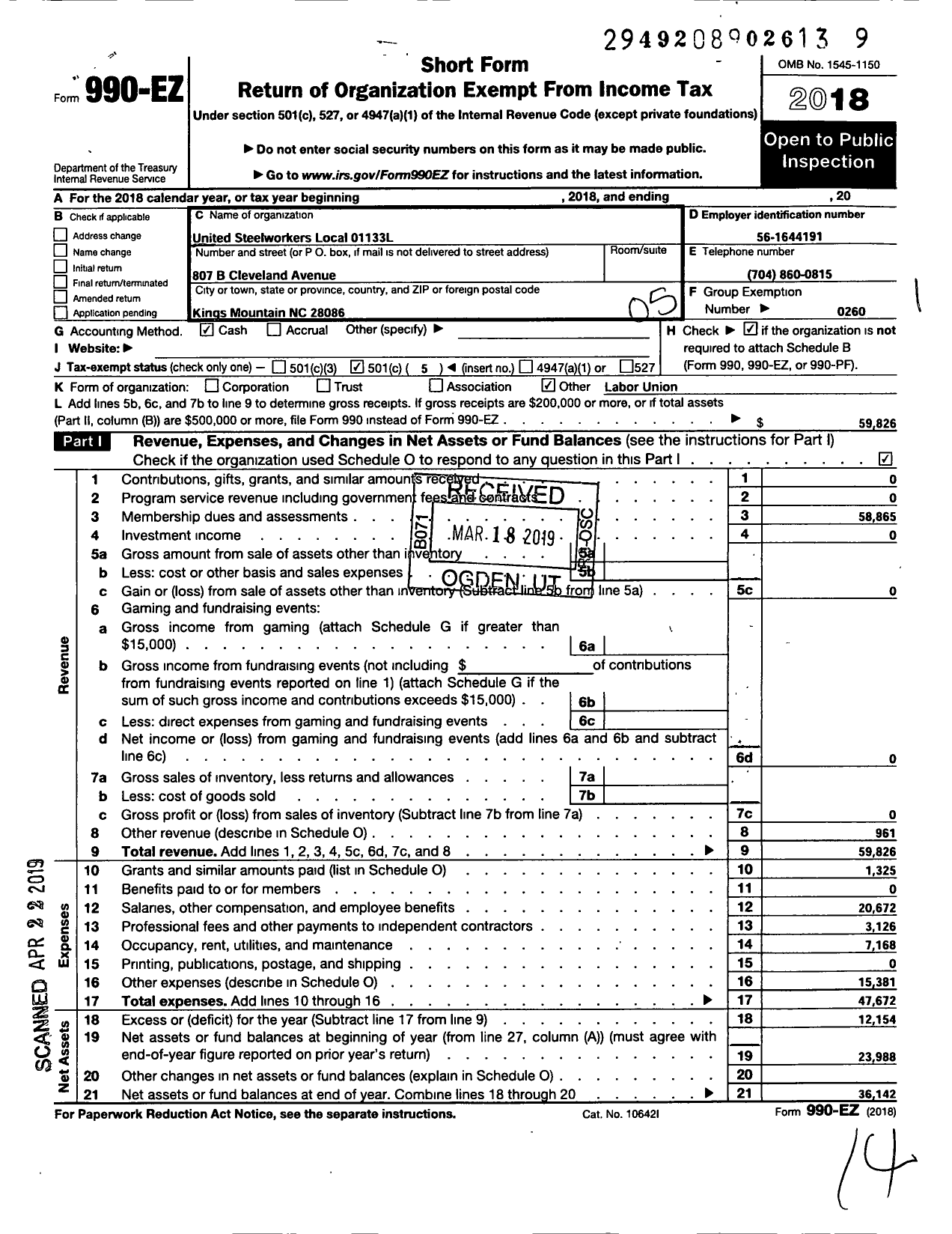 Image of first page of 2018 Form 990EO for United Steelworkers - 01133l Local