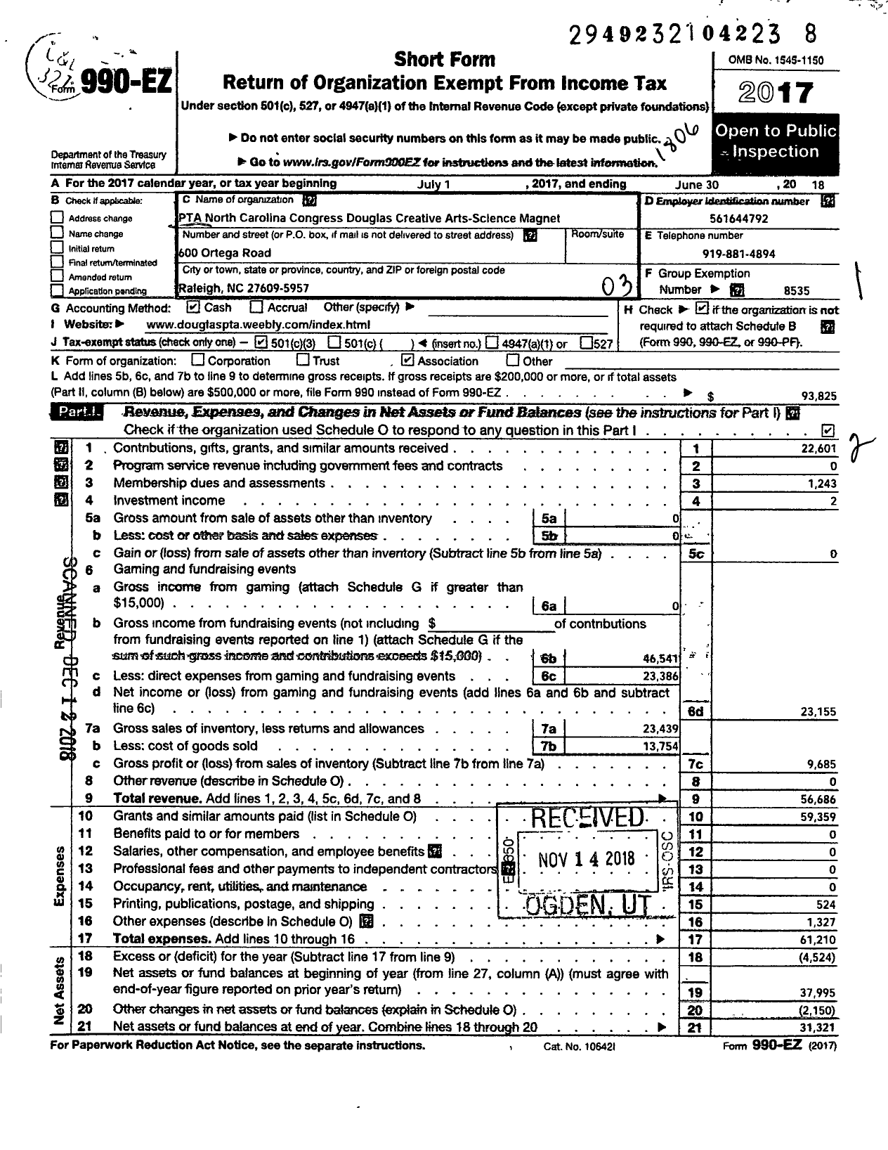 Image of first page of 2017 Form 990EZ for North Carolina PTA - Douglas Creative Arts-Science Magne