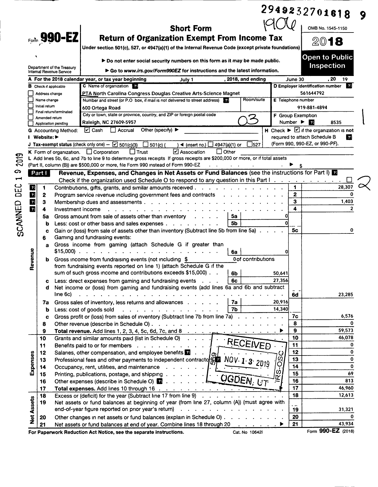 Image of first page of 2018 Form 990EZ for North Carolina PTA - Douglas Creative Arts-Science Magne