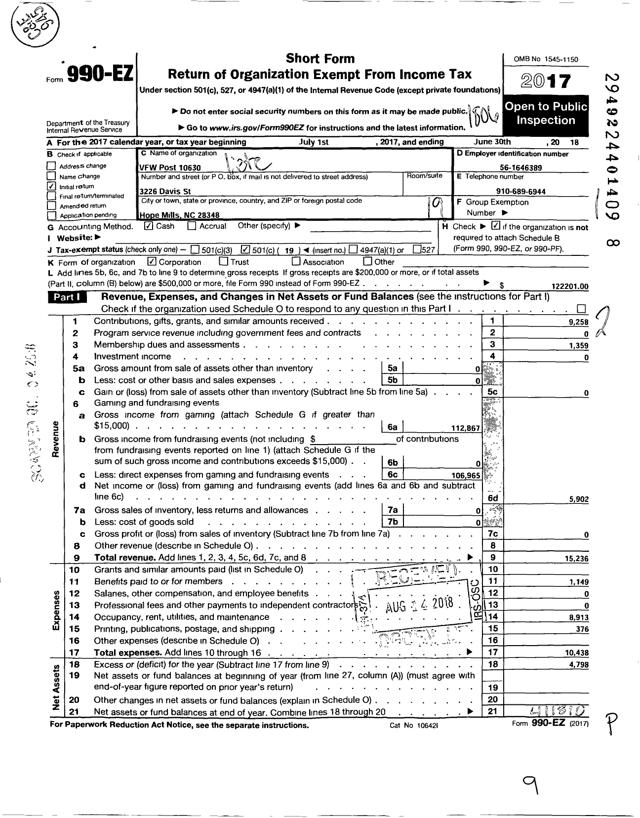 Image of first page of 2017 Form 990EO for VFW NC - 10630 Frederick J Lawrence Post