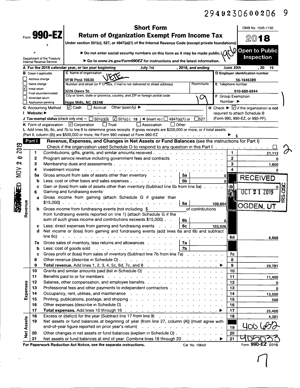 Image of first page of 2018 Form 990EO for VFW NC - 10630 Frederick J Lawrence Post