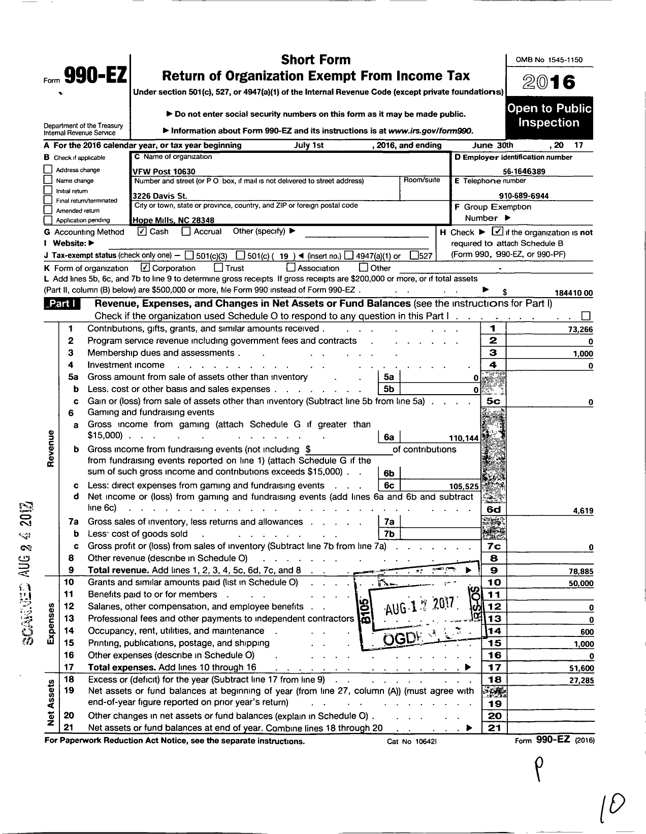 Image of first page of 2016 Form 990EO for VFW NC - 10630 Frederick J Lawrence Post