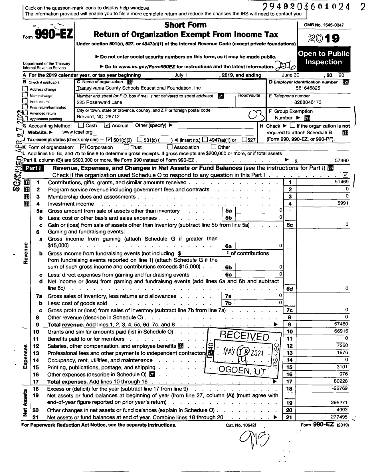 Image of first page of 2019 Form 990EZ for Transylvania County Schools Educational Foundation