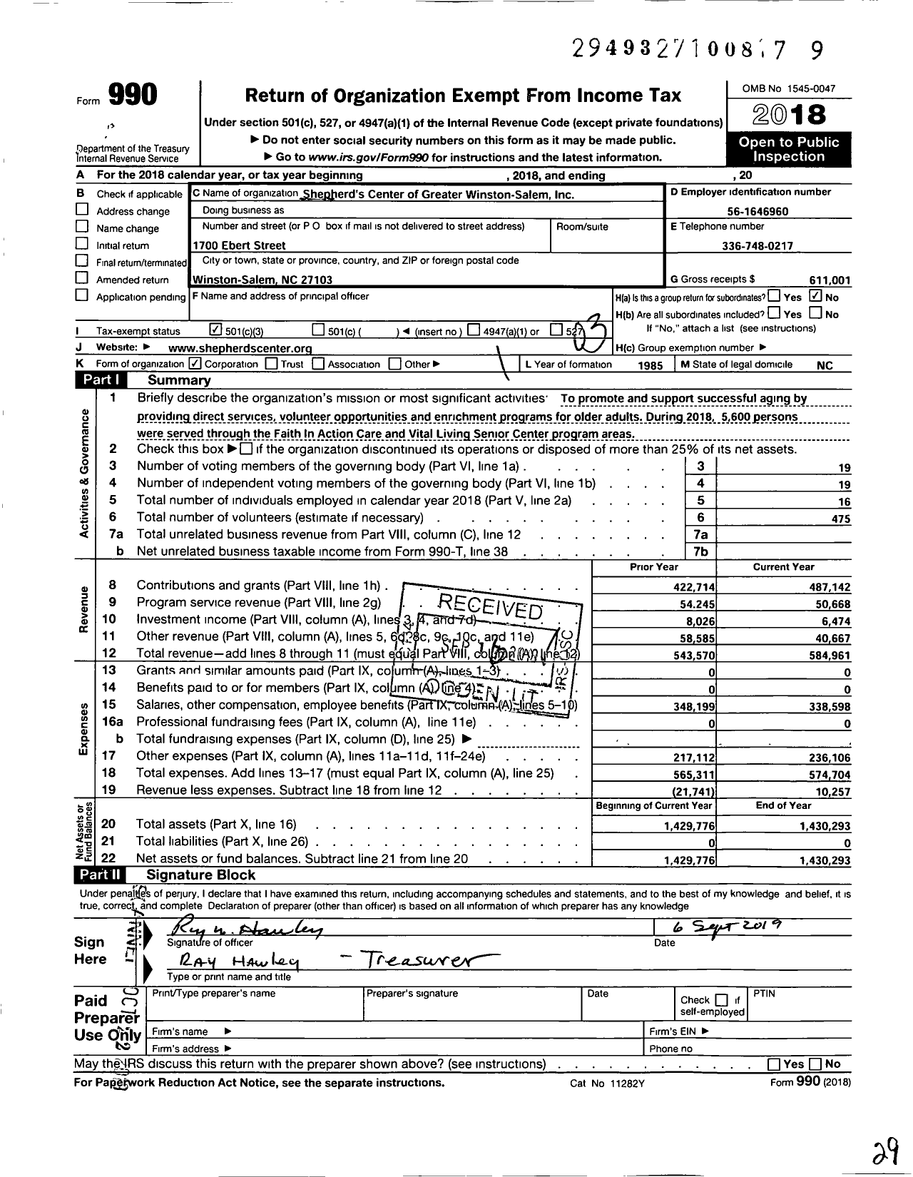 Image of first page of 2018 Form 990 for Shepherd's Center of Greater Winston-Salem