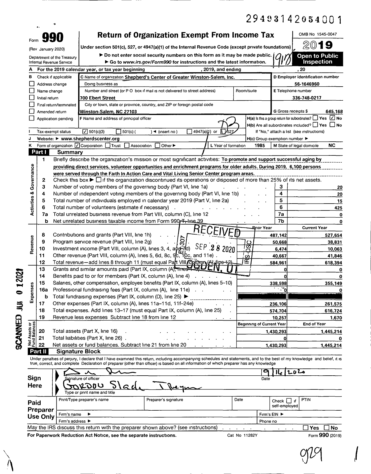 Image of first page of 2019 Form 990 for Shepherd's Center of Greater Winston-Salem