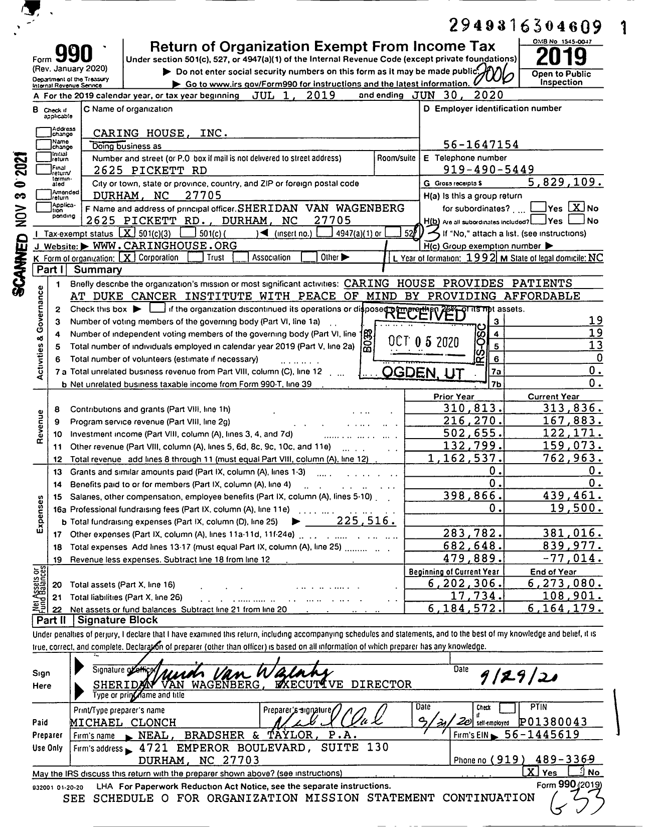 Image of first page of 2019 Form 990 for Caring House