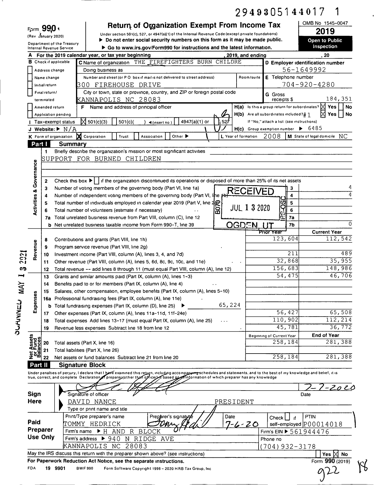 Image of first page of 2019 Form 990 for The Firefighters Burn Children Fund