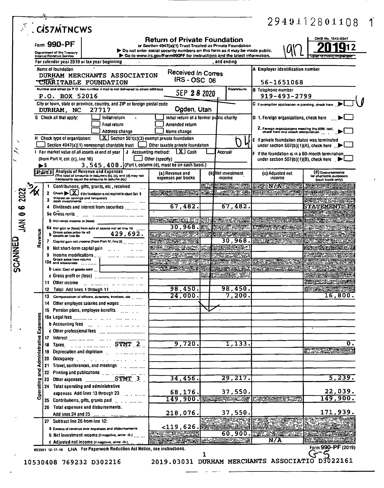 Image of first page of 2019 Form 990PF for Durham Merchants Association Charitable Foundation