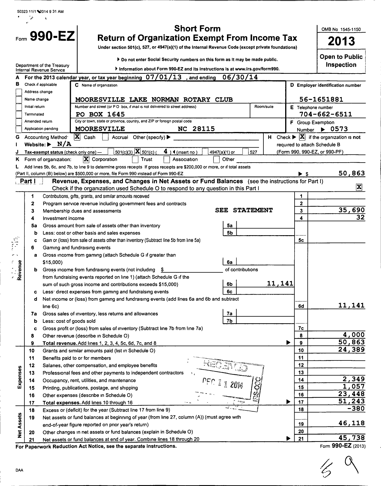 Image of first page of 2013 Form 990EO for Rotary International - Mooresville-Lake Norman