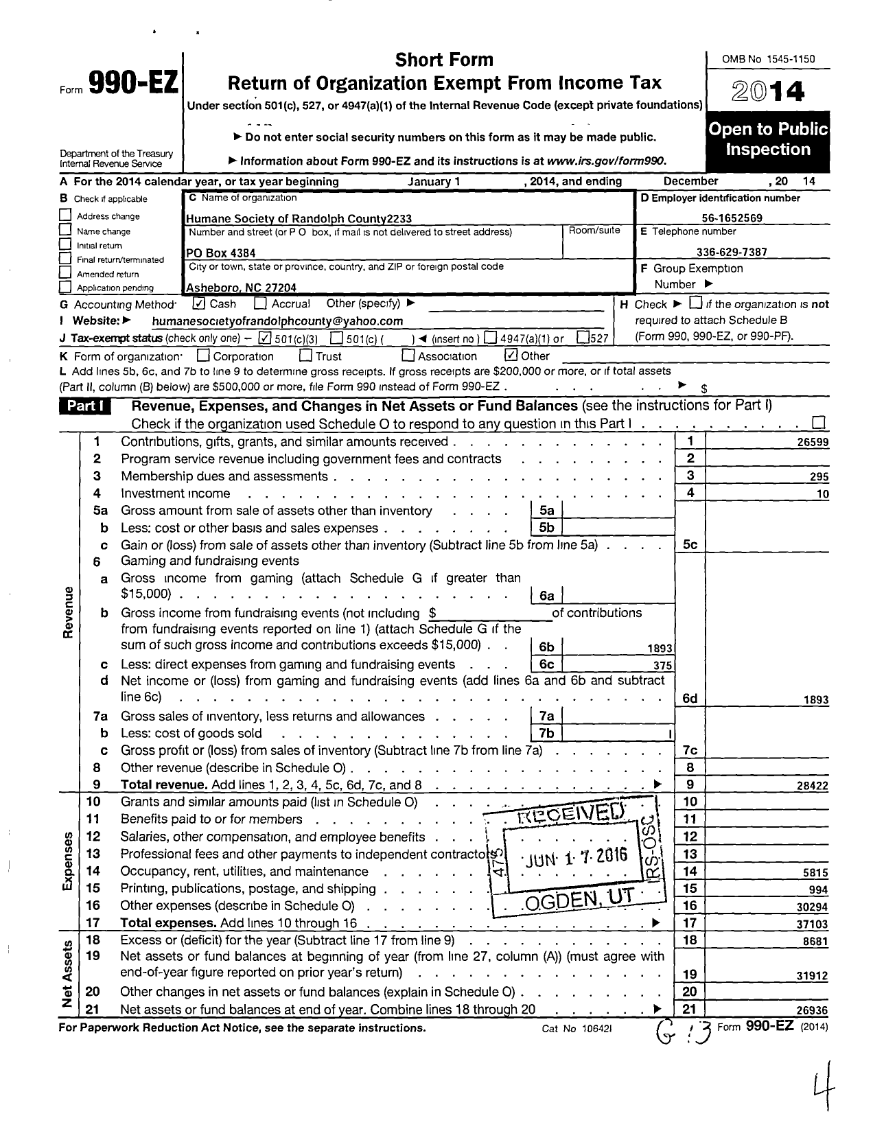 Image of first page of 2014 Form 990EZ for Humane Society of Randolph County