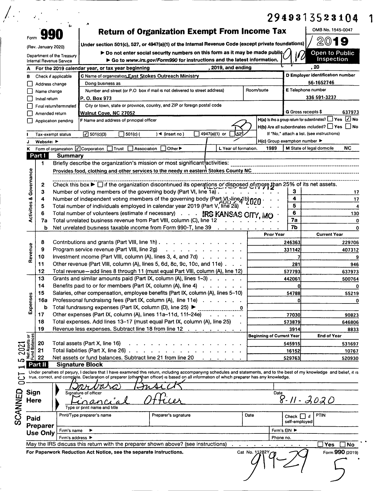 Image of first page of 2019 Form 990 for East Stokes Outreach Ministry