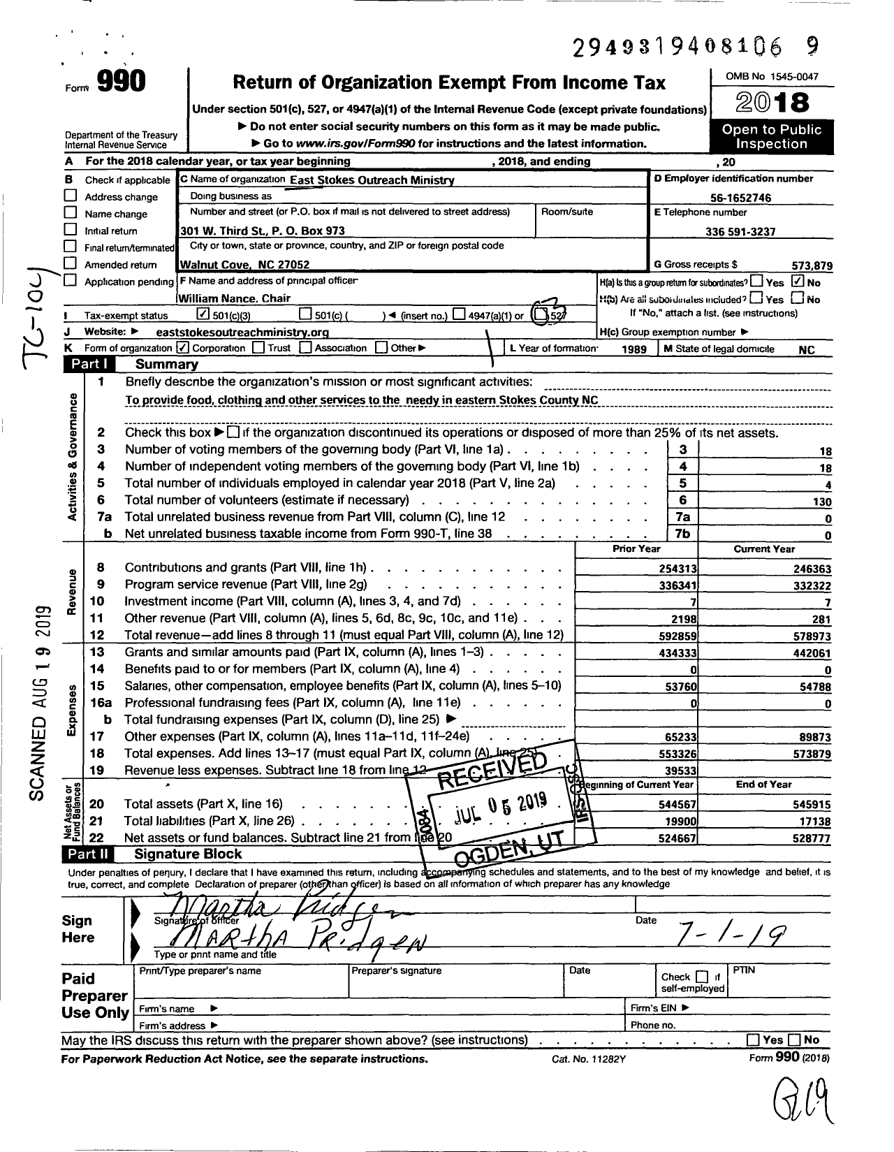 Image of first page of 2018 Form 990 for East Stokes Outreach Ministry