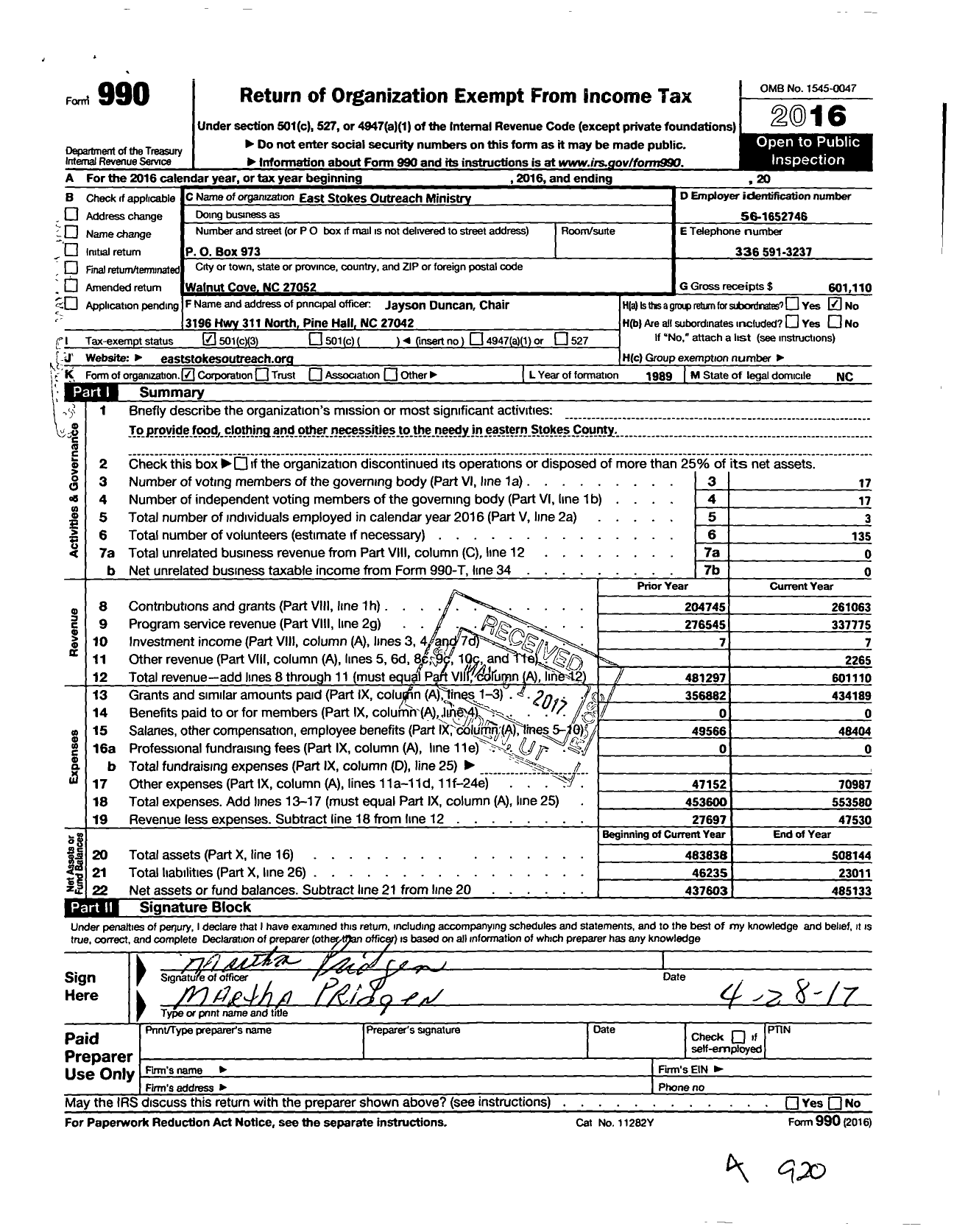 Image of first page of 2016 Form 990 for East Stokes Outreach Ministry