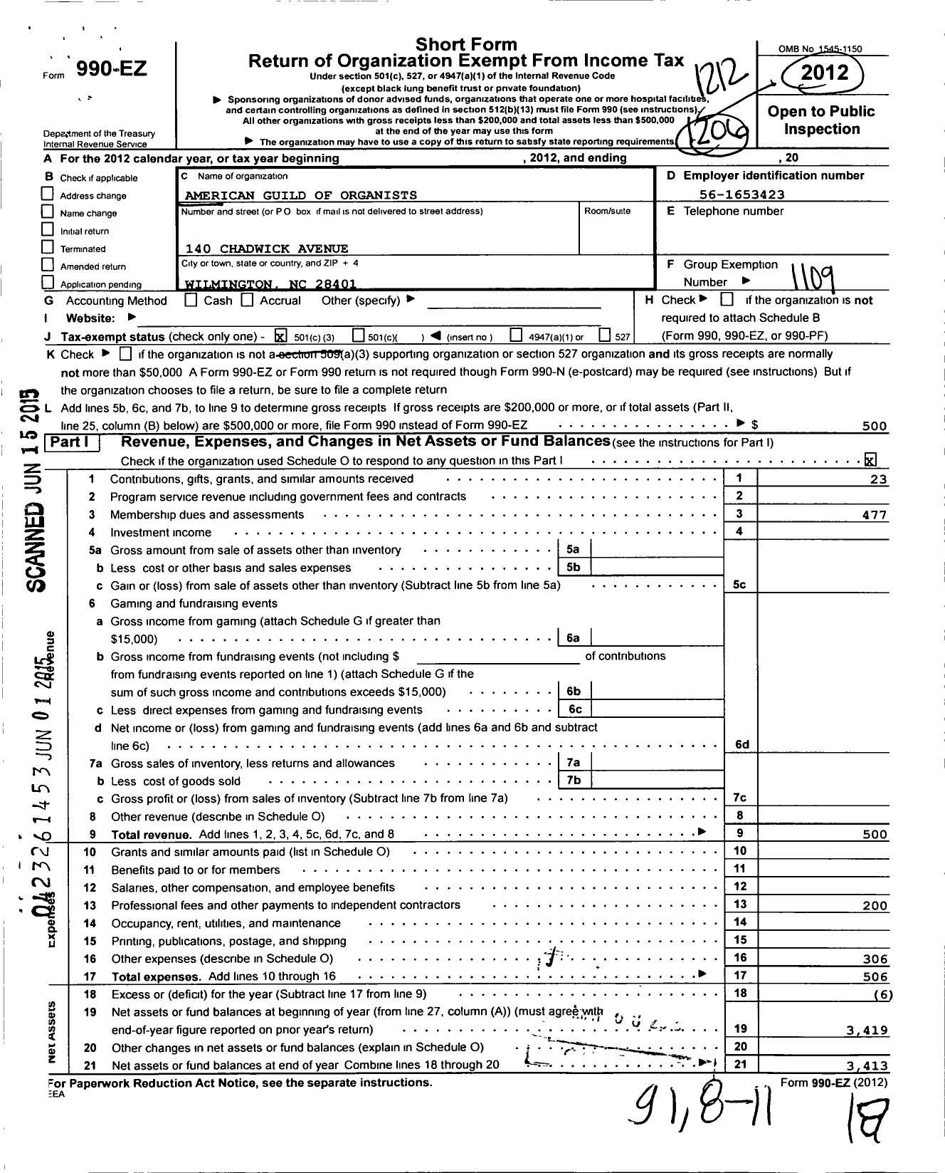 Image of first page of 2012 Form 990EZ for American Guild of Organists - 455 Wilmington Chapter