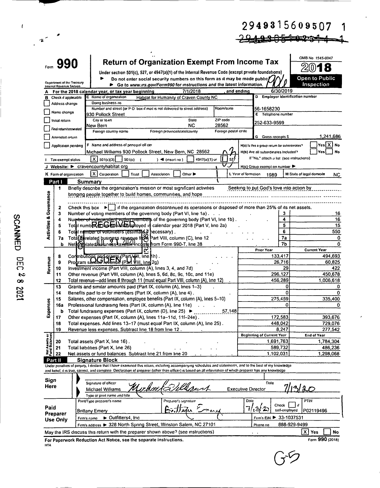 Image of first page of 2018 Form 990 for Habitat for Humanity of Craven County NC