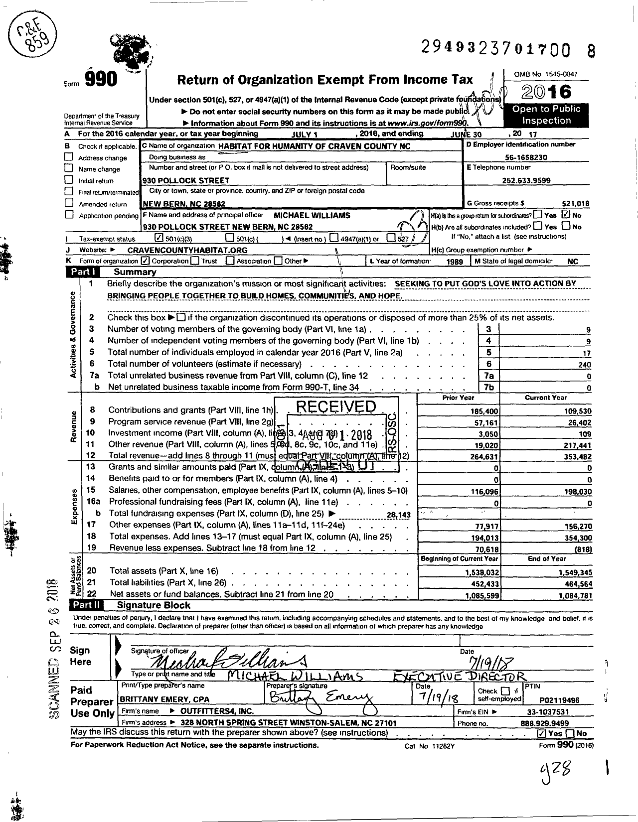 Image of first page of 2016 Form 990 for Habitat for Humanity of Craven County NC
