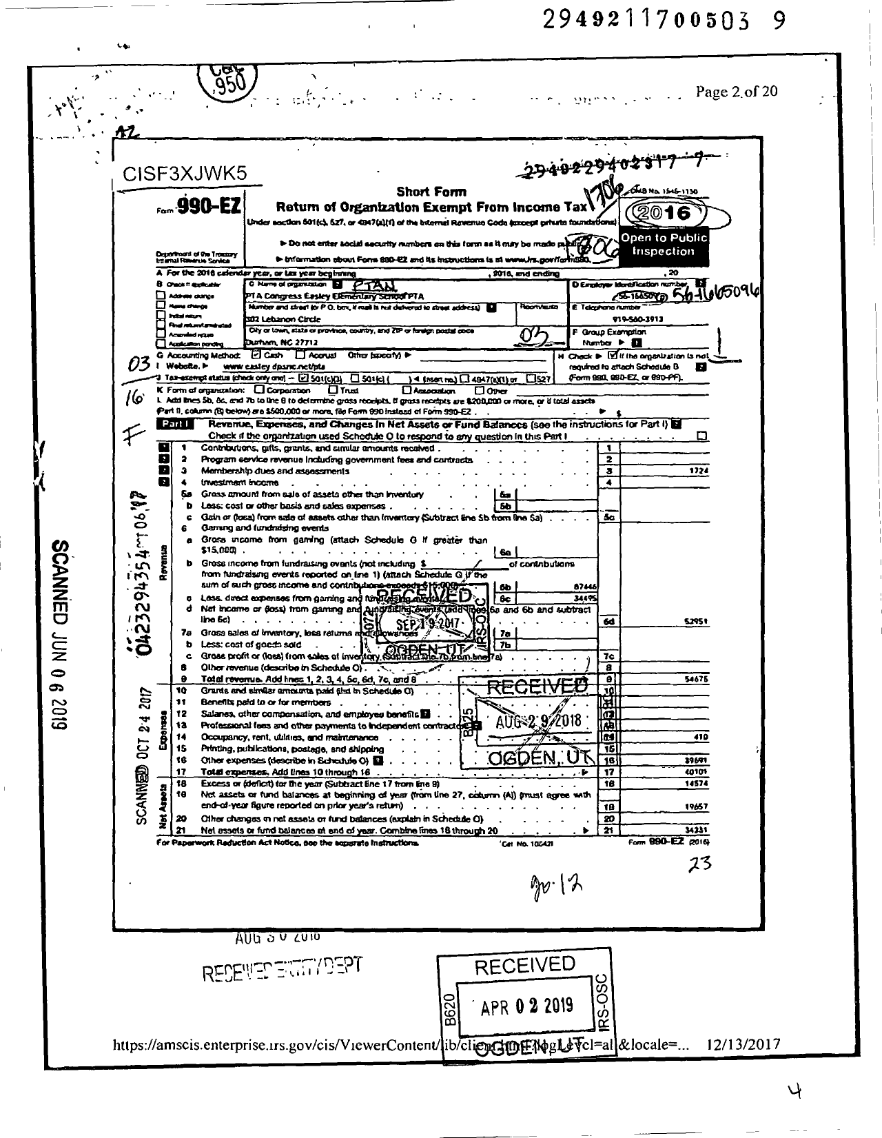 Image of first page of 2016 Form 990EZ for North Carolina PTA - Easley Elementary School PTA