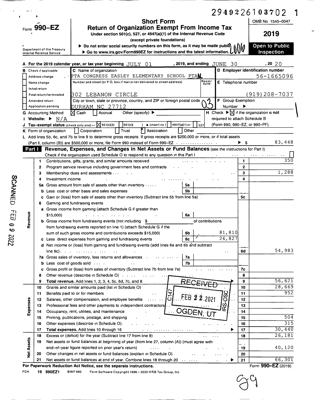 Image of first page of 2019 Form 990EZ for North Carolina PTA - Easley Elementary School PTA