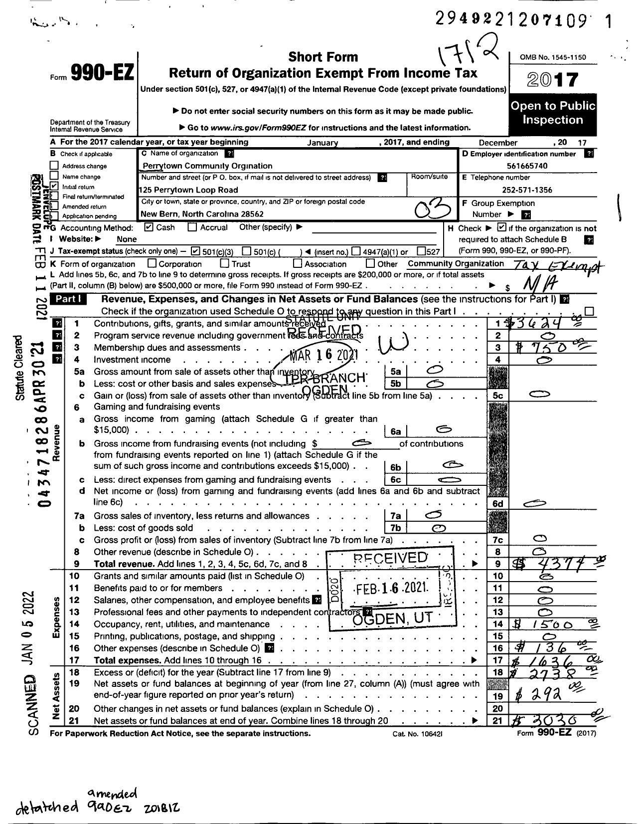 Image of first page of 2017 Form 990EZ for Perrytown Community Organization