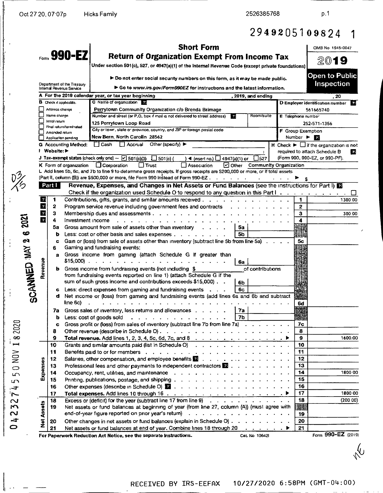 Image of first page of 2019 Form 990EZ for Perrytown Community Organization