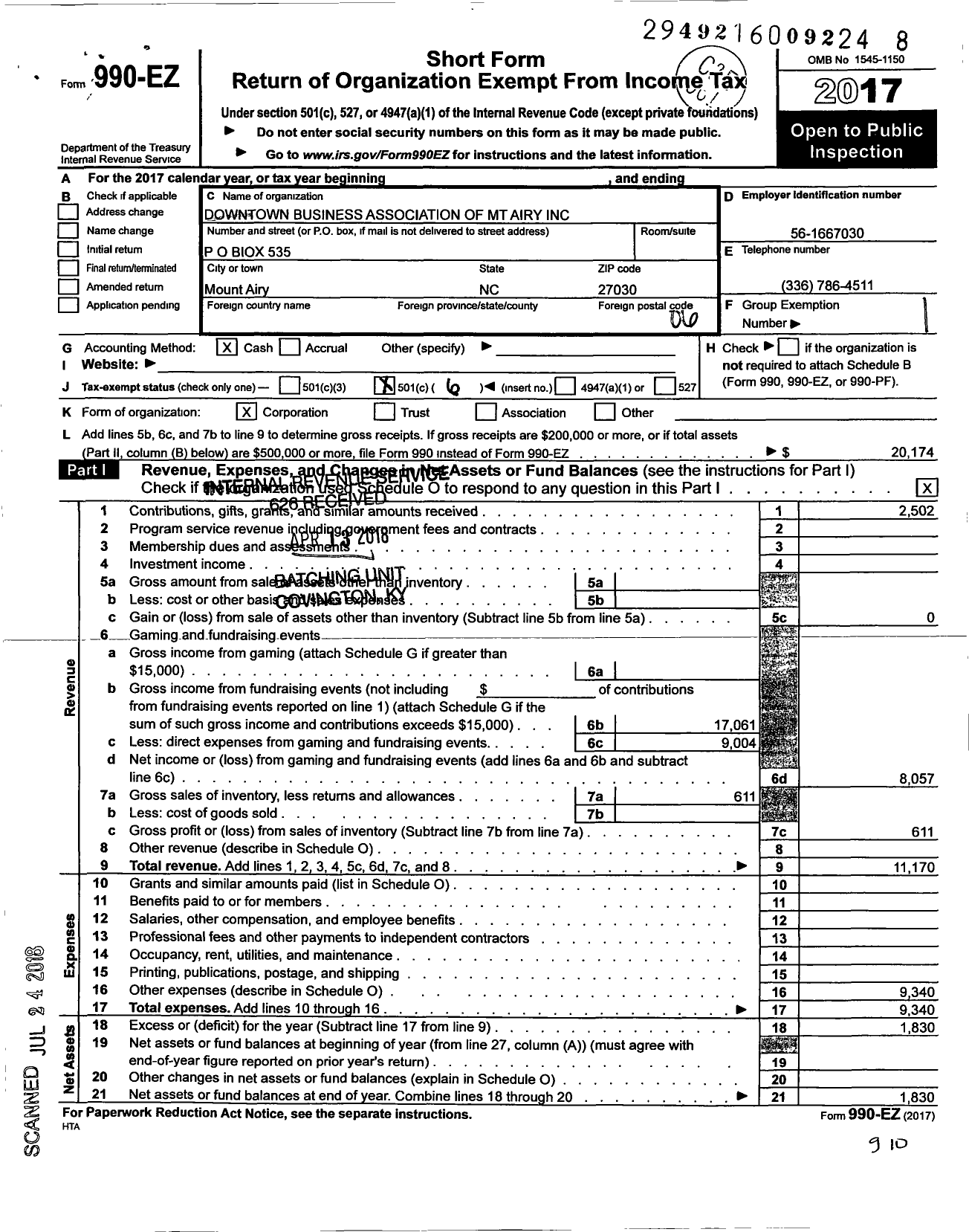 Image of first page of 2017 Form 990EO for Downtown Business Association of Mount Airy