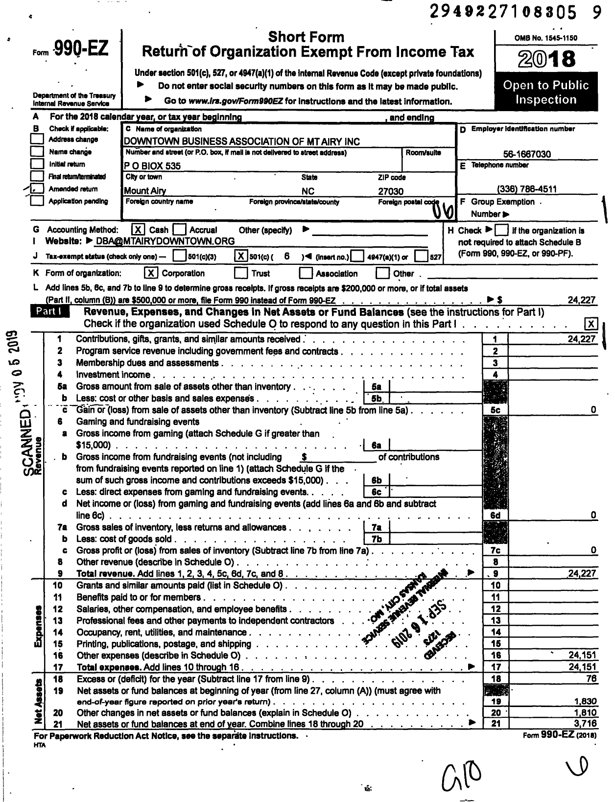 Image of first page of 2018 Form 990EO for Downtown Business Association of Mount Airy