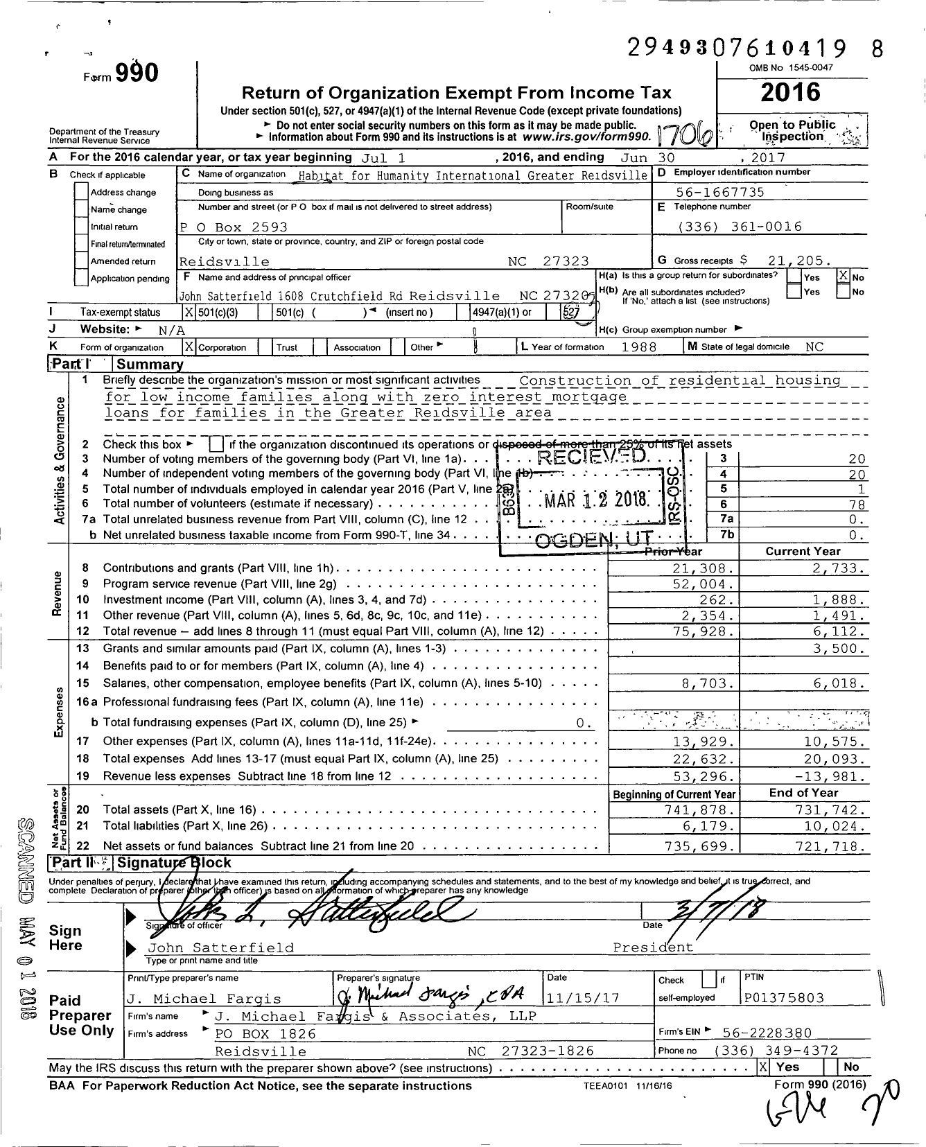 Image of first page of 2016 Form 990 for Habitat for Humanity International Greater Reidsville