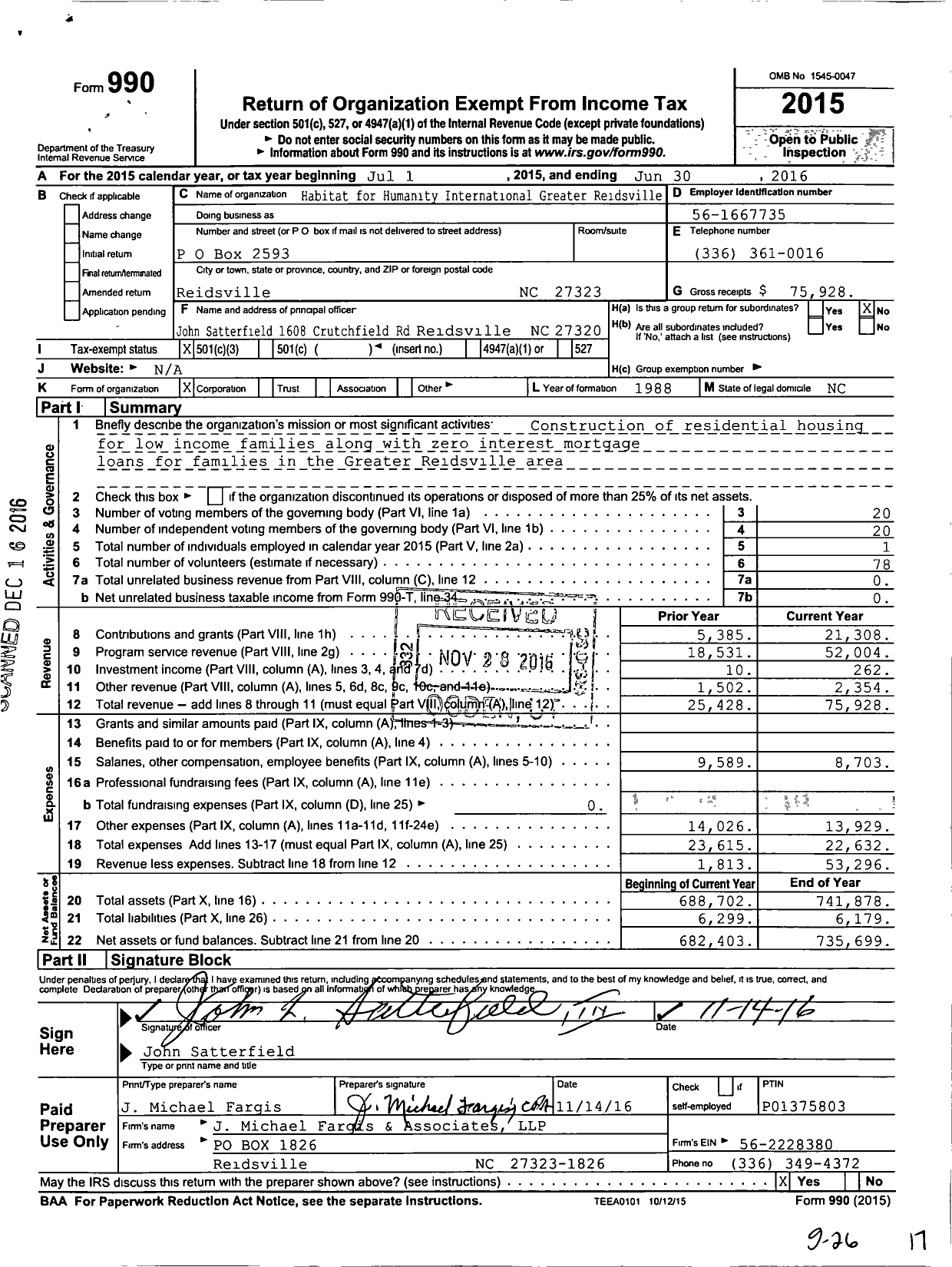 Image of first page of 2015 Form 990 for Habitat for Humanity International Greater Reidsville