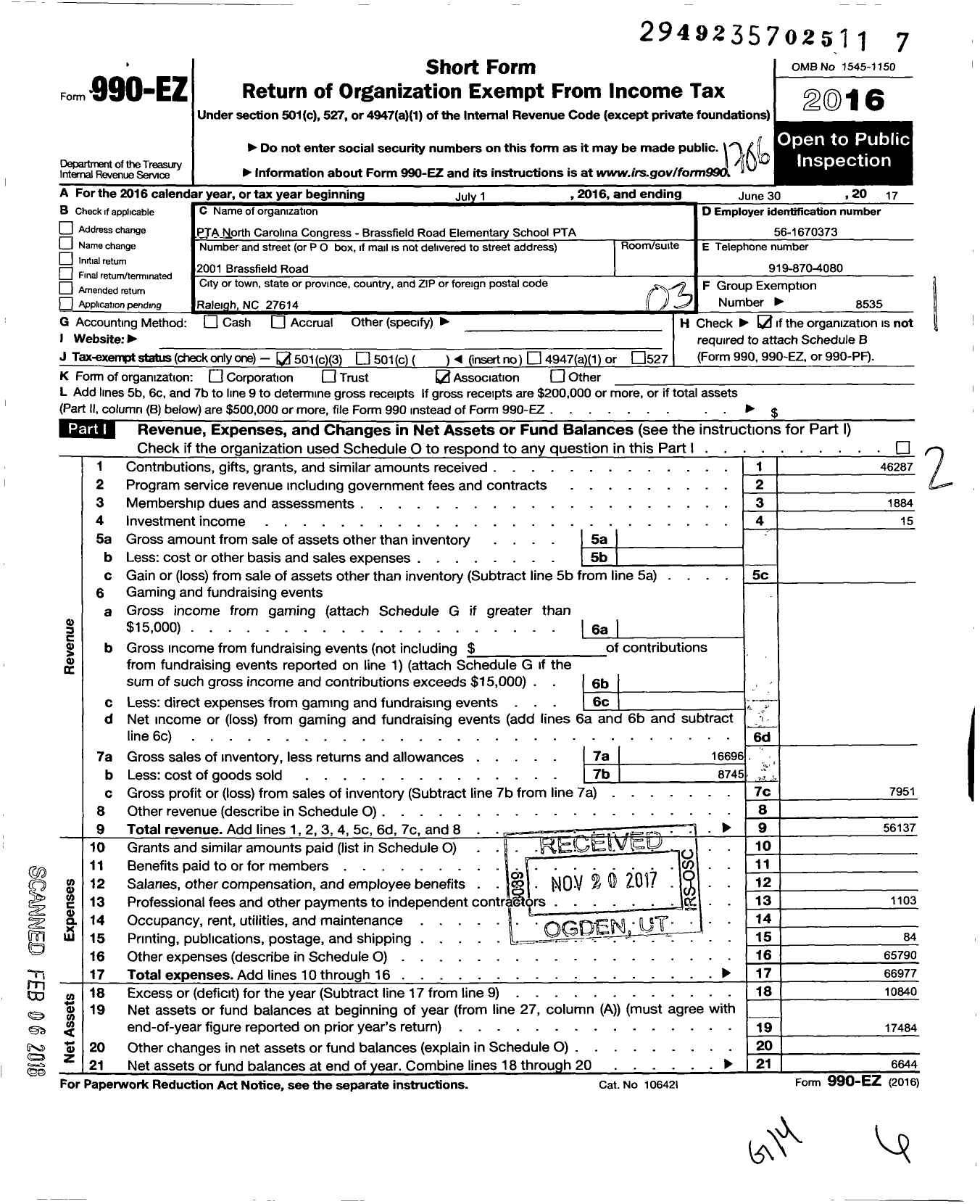 Image of first page of 2016 Form 990EZ for North Carolina PTA - Brassfield Road Elem School PTA