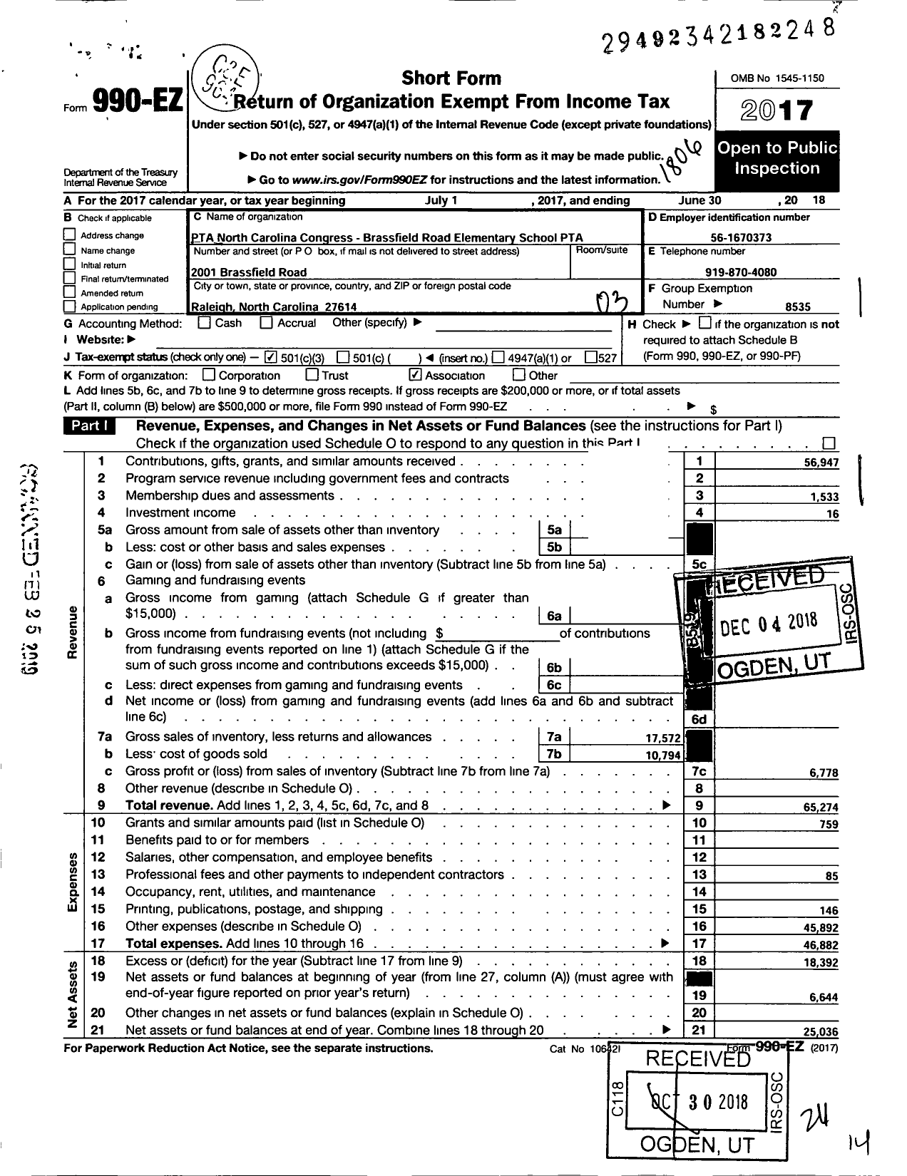 Image of first page of 2017 Form 990EZ for North Carolina PTA - Brassfield Road Elem School PTA