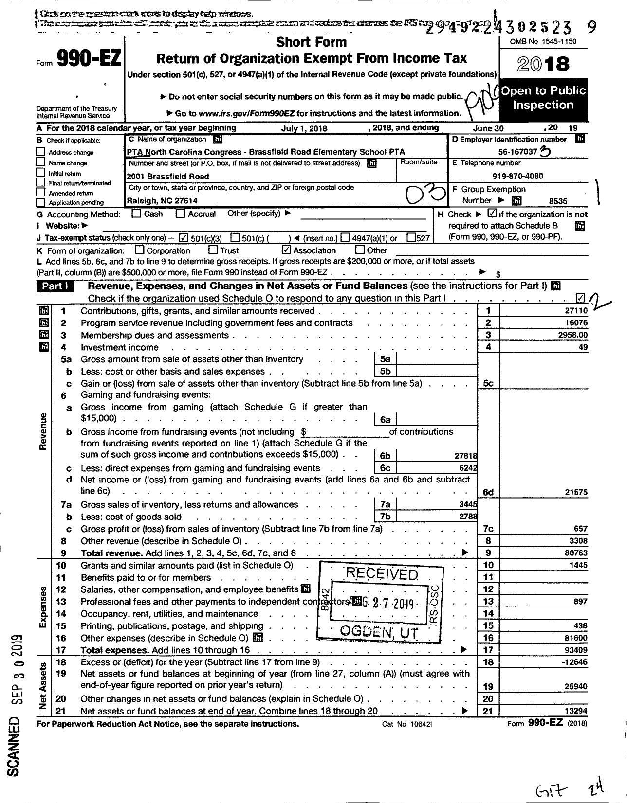 Image of first page of 2018 Form 990EZ for North Carolina PTA - Brassfield Road Elem School PTA
