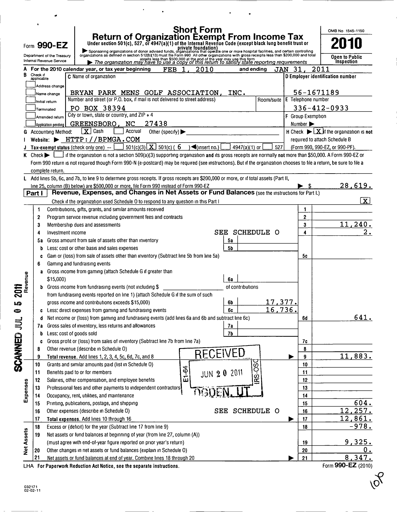 Image of first page of 2010 Form 990EO for Bryan Park Mens Golf Association