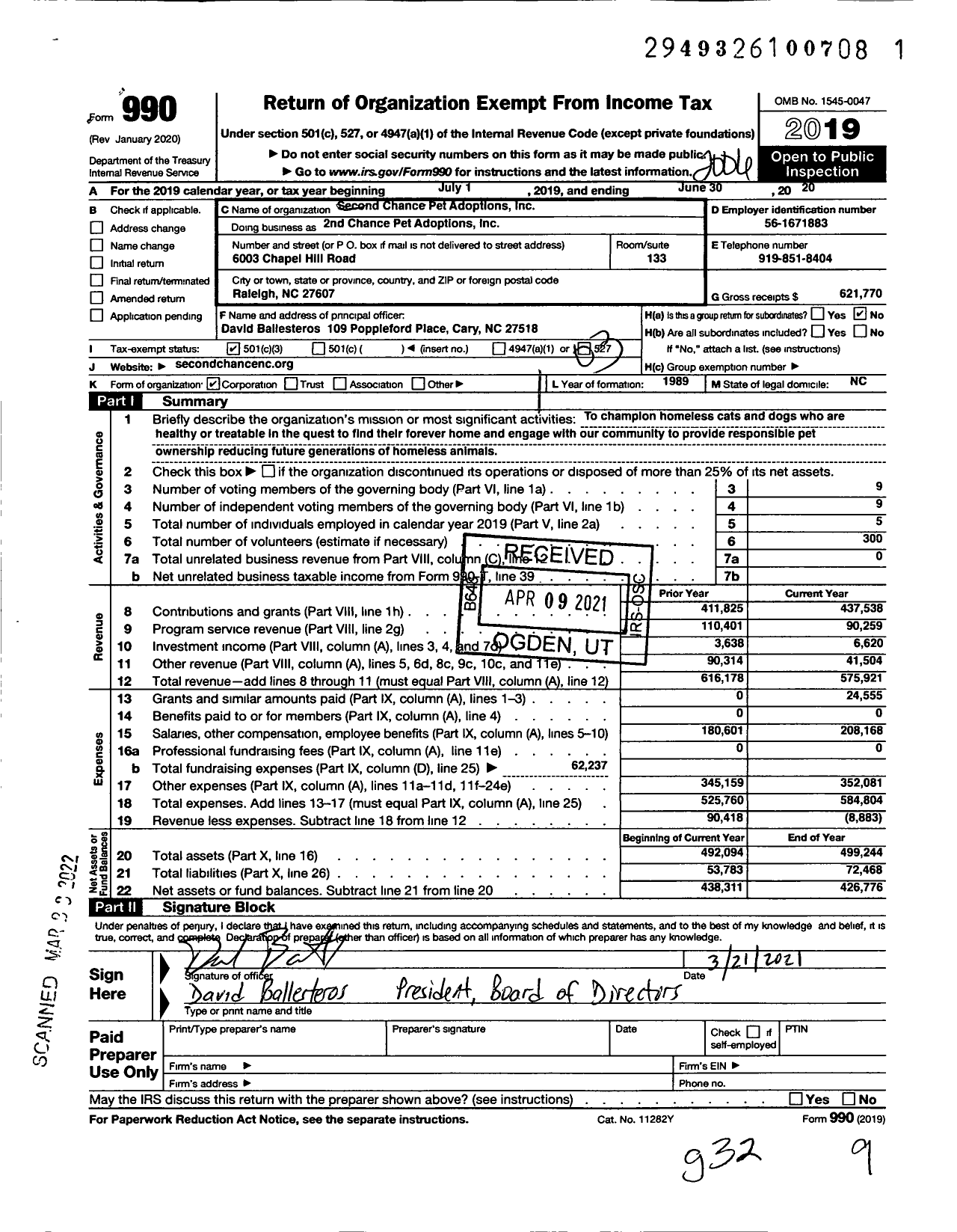 Image of first page of 2019 Form 990 for 2nd Chance Pet Adoptions