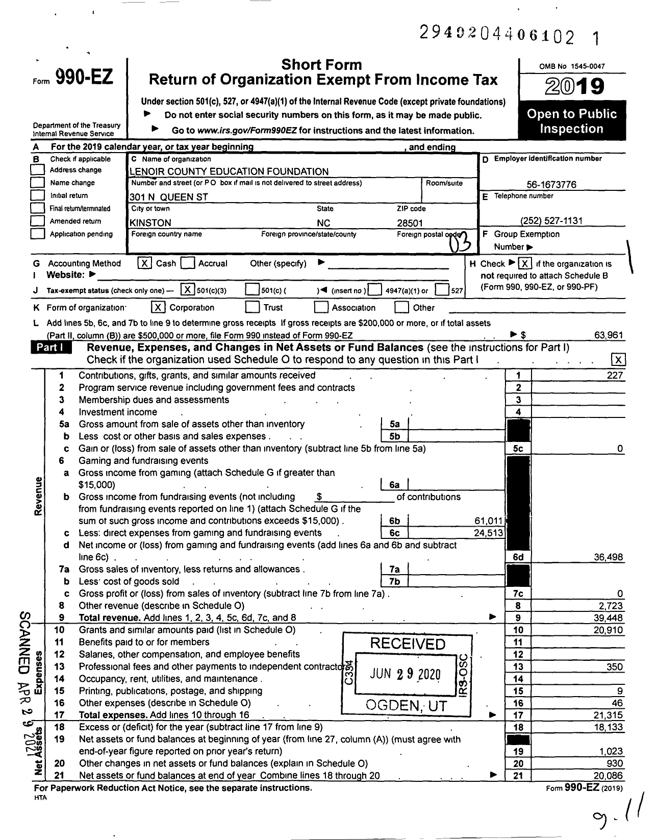 Image of first page of 2019 Form 990EZ for Lenoir County Education Foundation