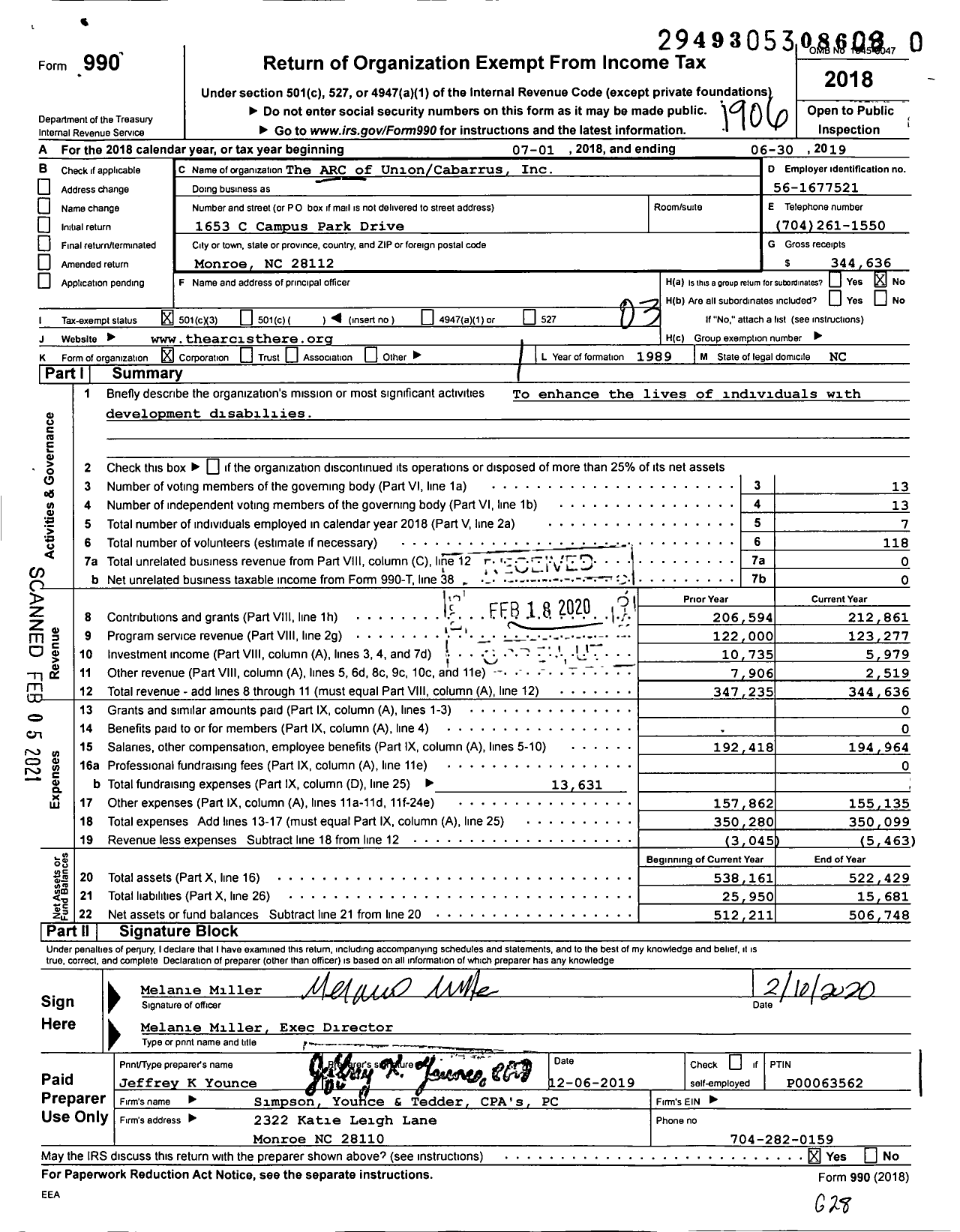 Image of first page of 2018 Form 990 for The ARC of UnionCabarrus