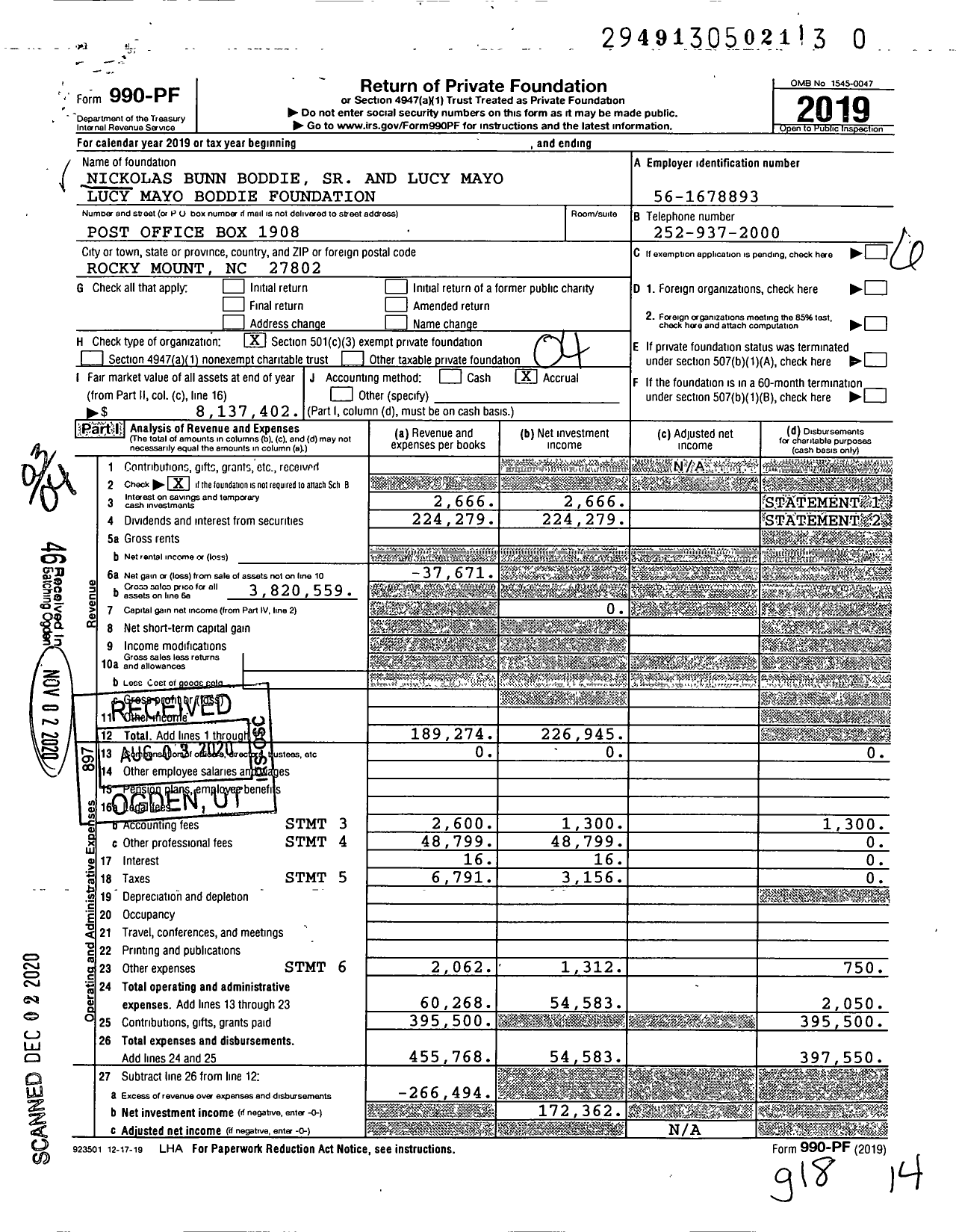 Image of first page of 2019 Form 990PF for Nickolas Bunn Boddie SR and Lucy Mayo Lucy Mayo Boddie Foundation