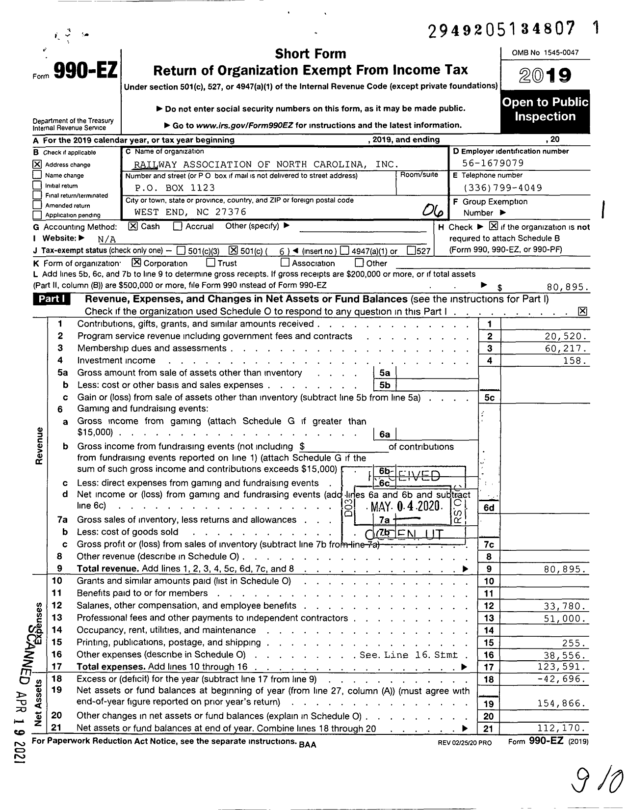 Image of first page of 2019 Form 990EO for Railway Association of NC