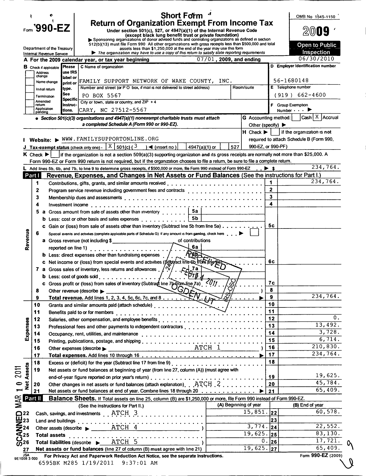 Image of first page of 2009 Form 990EZ for Family Support Network of Wake County