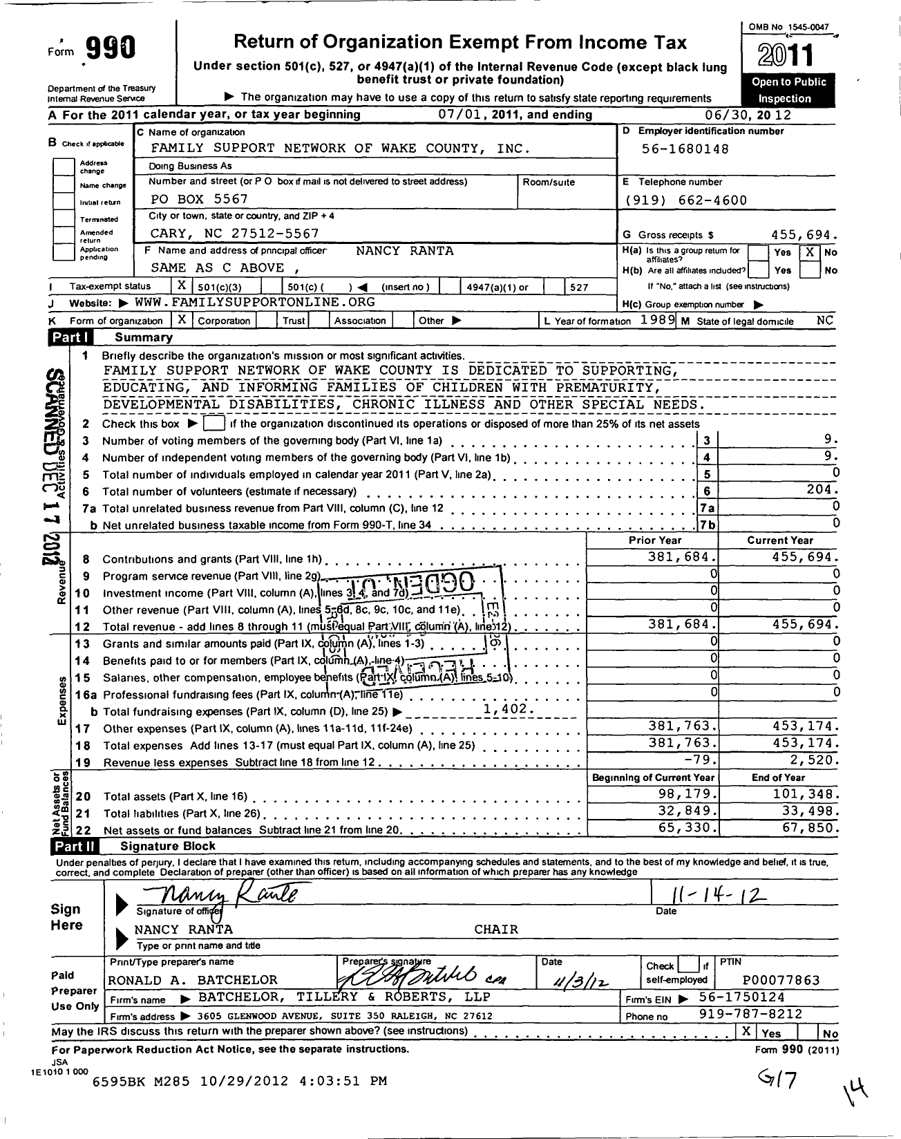 Image of first page of 2011 Form 990 for Family Support Network of Wake County