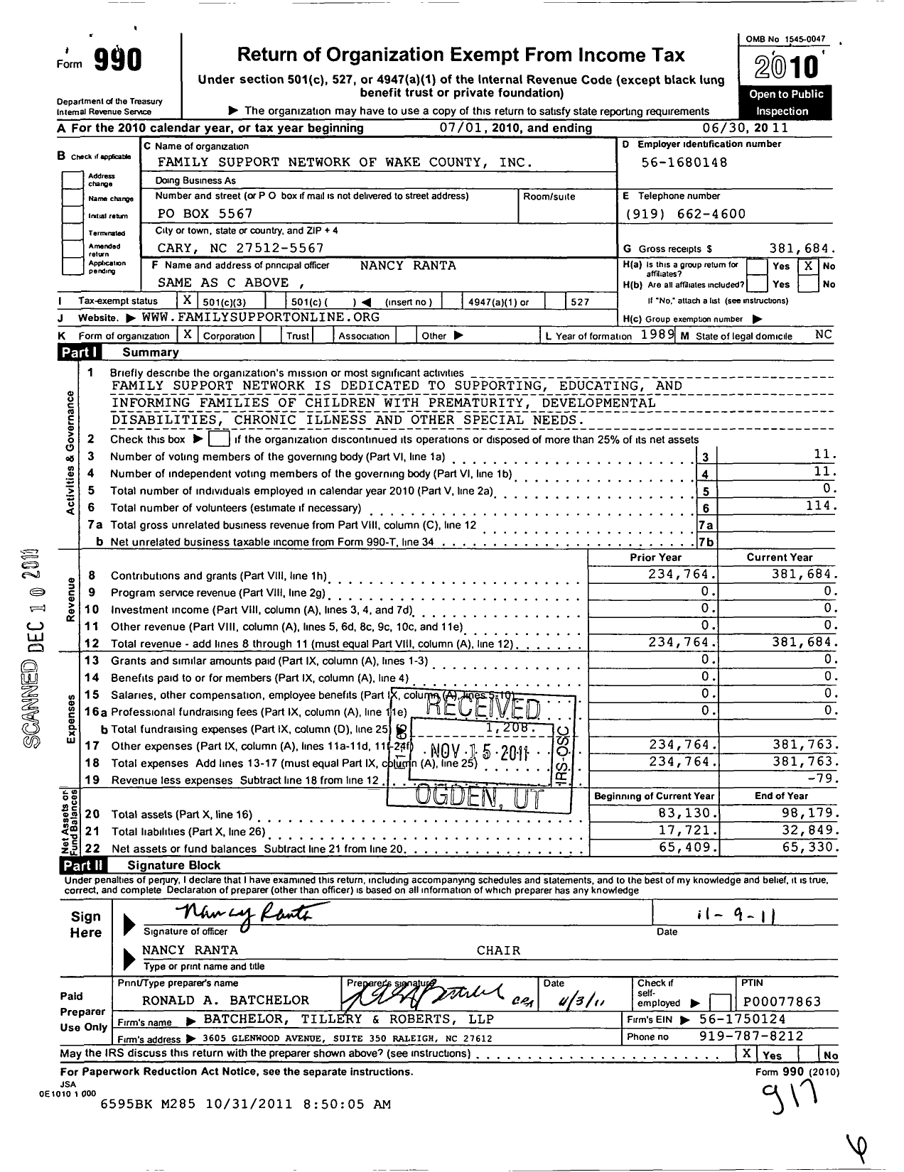 Image of first page of 2010 Form 990 for Family Support Network of Wake County