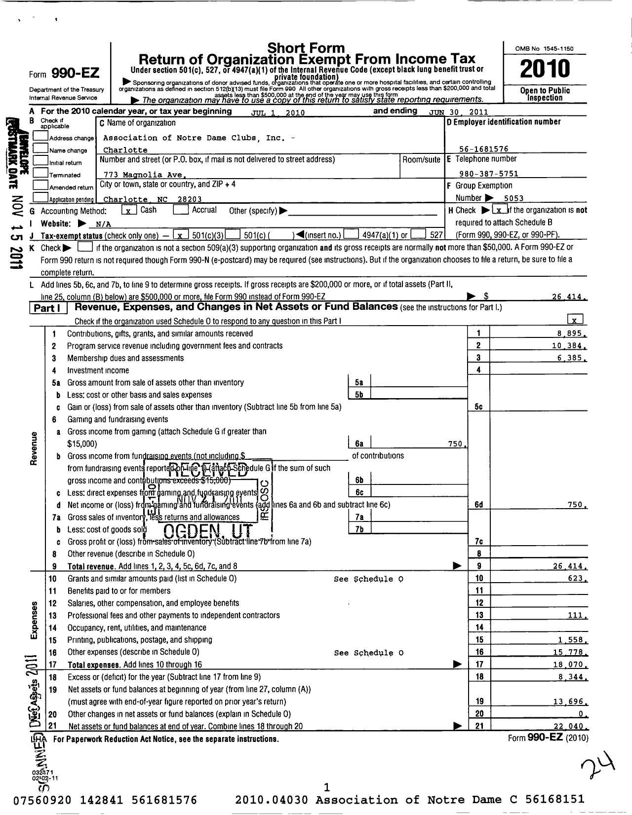 Image of first page of 2010 Form 990EZ for Association of Notre Dame Clubs Inc - Charlotte