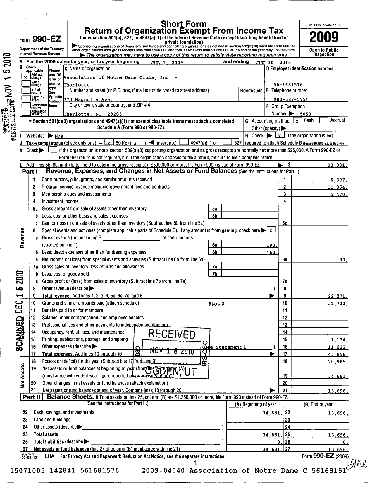 Image of first page of 2009 Form 990EZ for Association of Notre Dame Clubs Inc - Charlotte