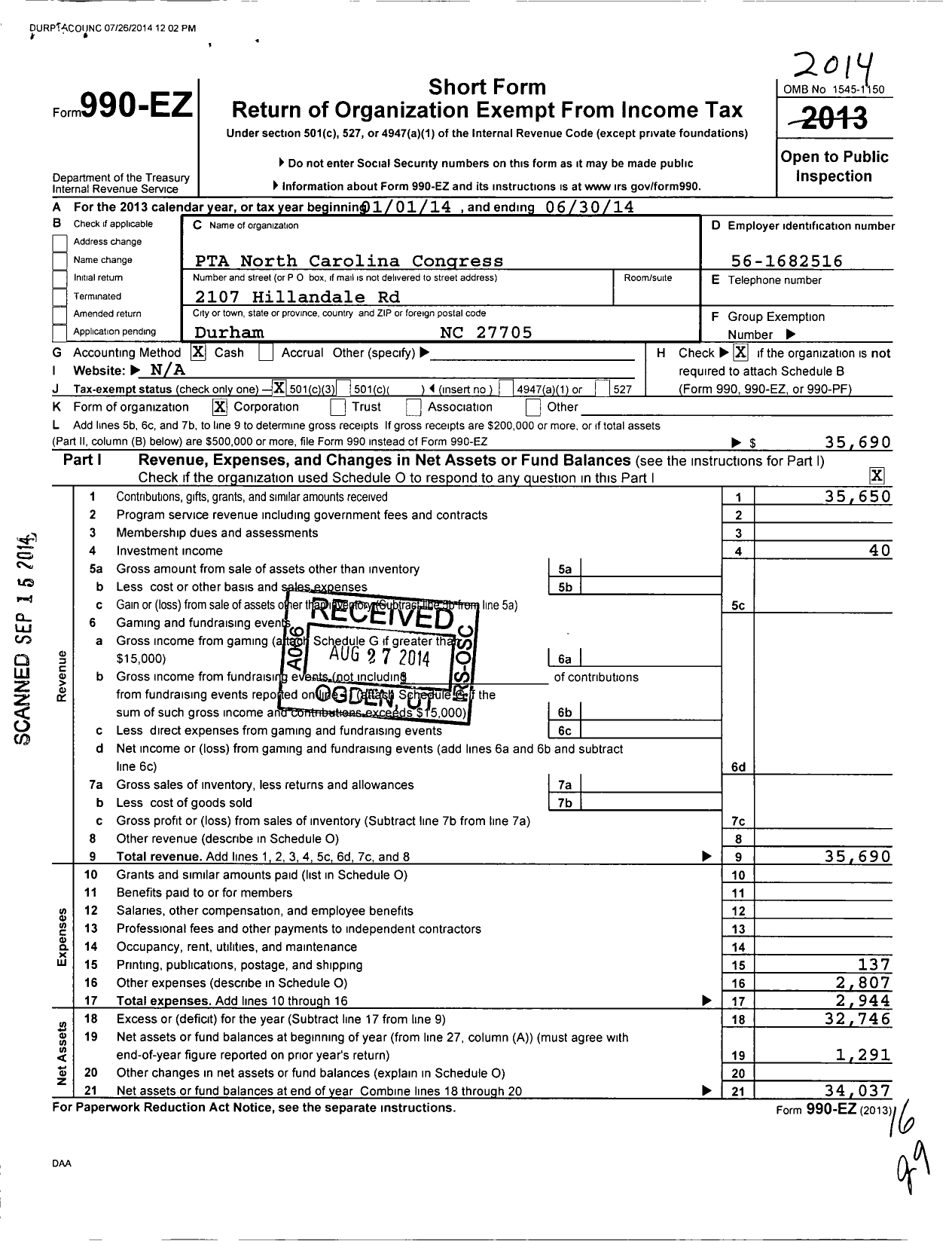 Image of first page of 2013 Form 990EZ for North Carolina PTA - Durham Public Schools Council PTA