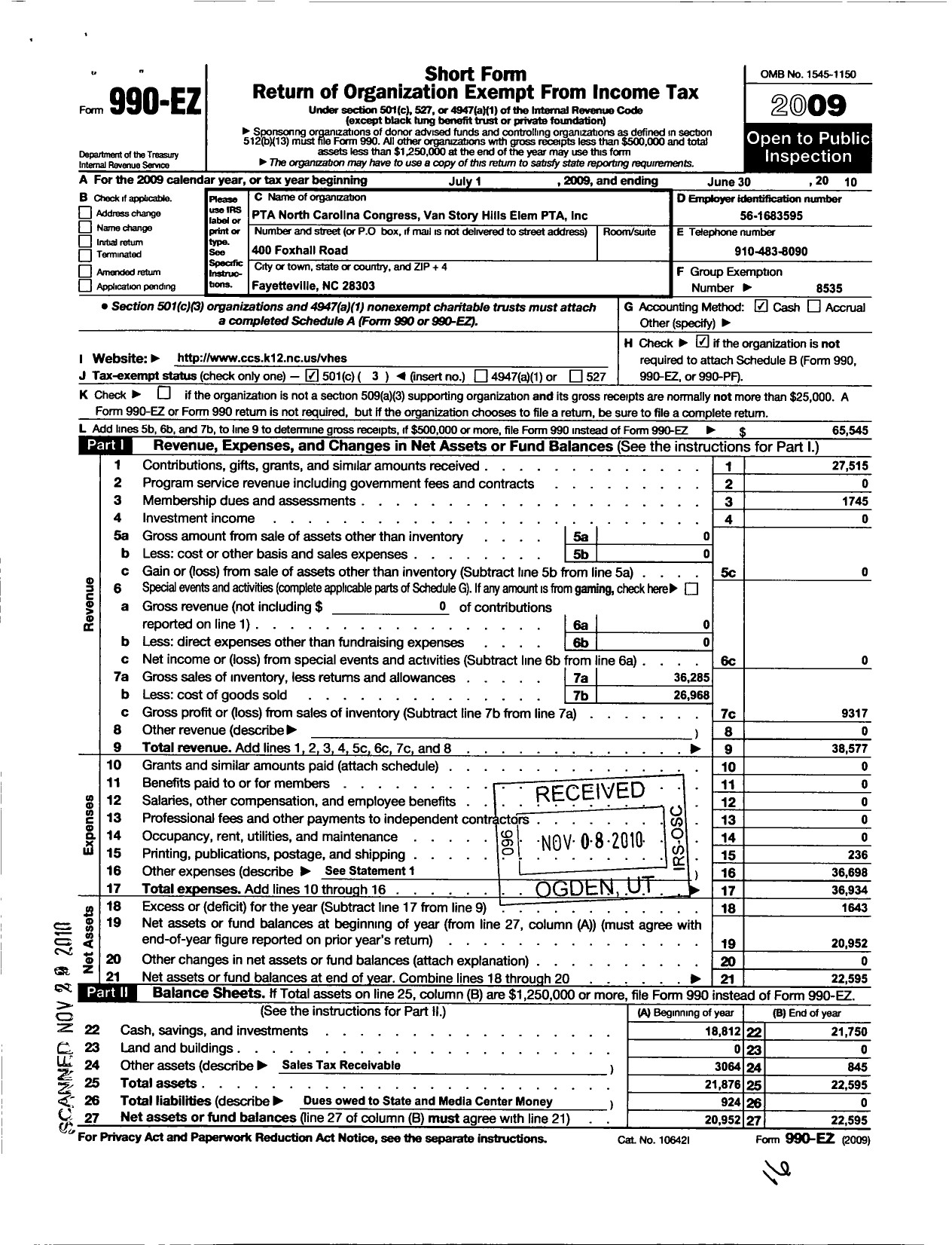 Image of first page of 2009 Form 990EZ for North Carolina PTA - Van Story Hills Elem School PTA