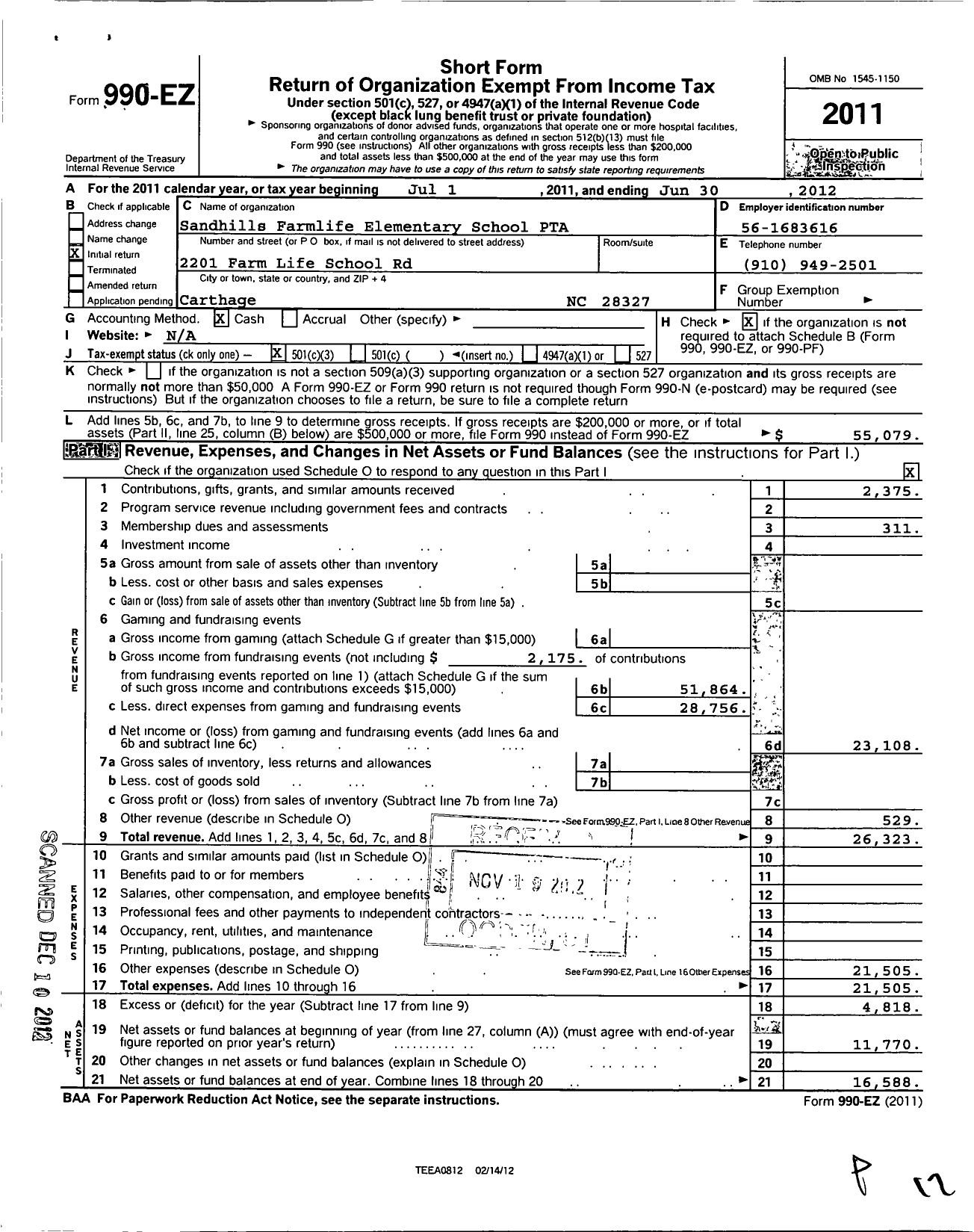 Image of first page of 2011 Form 990EZ for North Carolina PTA - Sandhills Farm Life School PTA