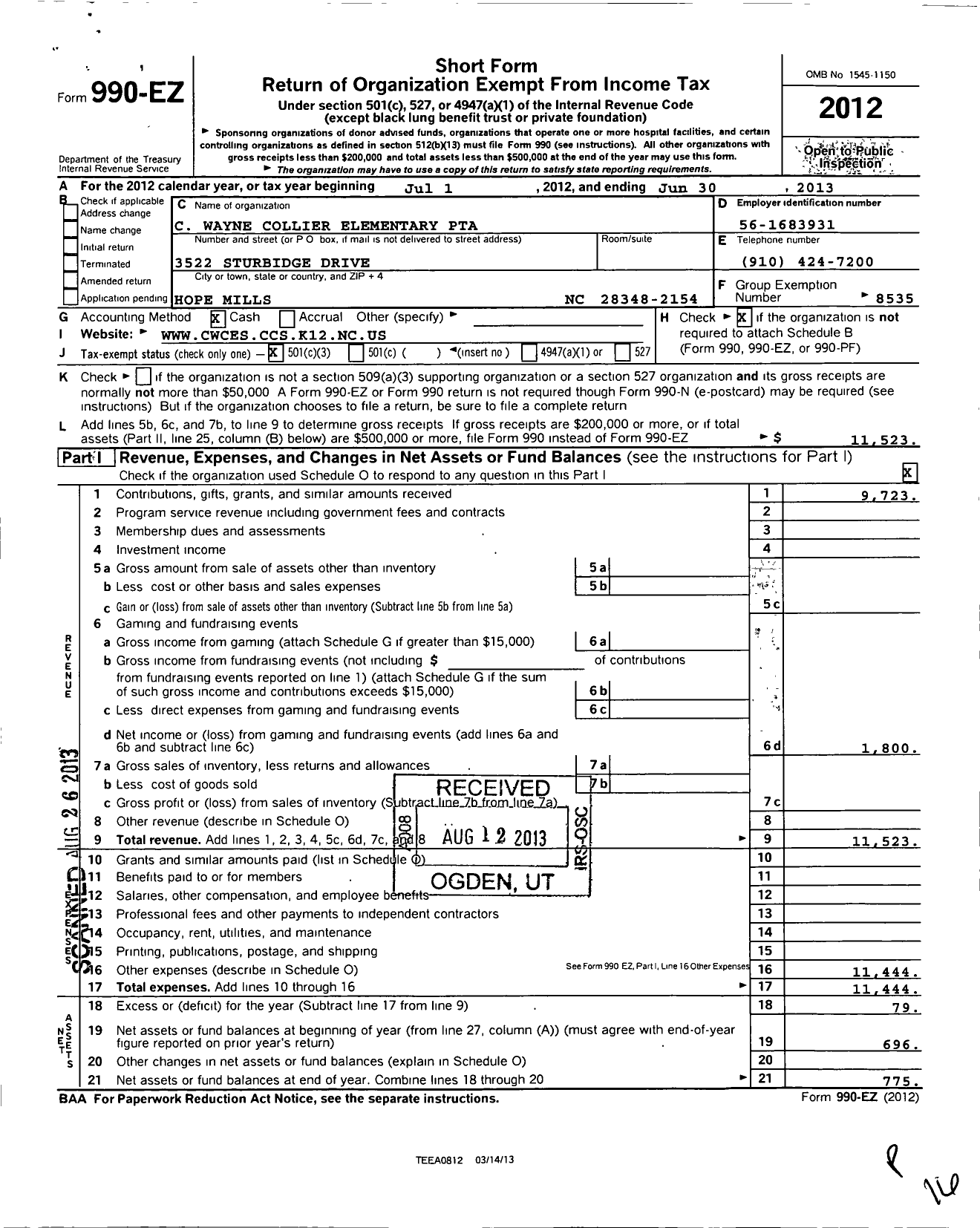 Image of first page of 2012 Form 990EZ for North Carolina PTA - C Wayne Collier Elem School PTA