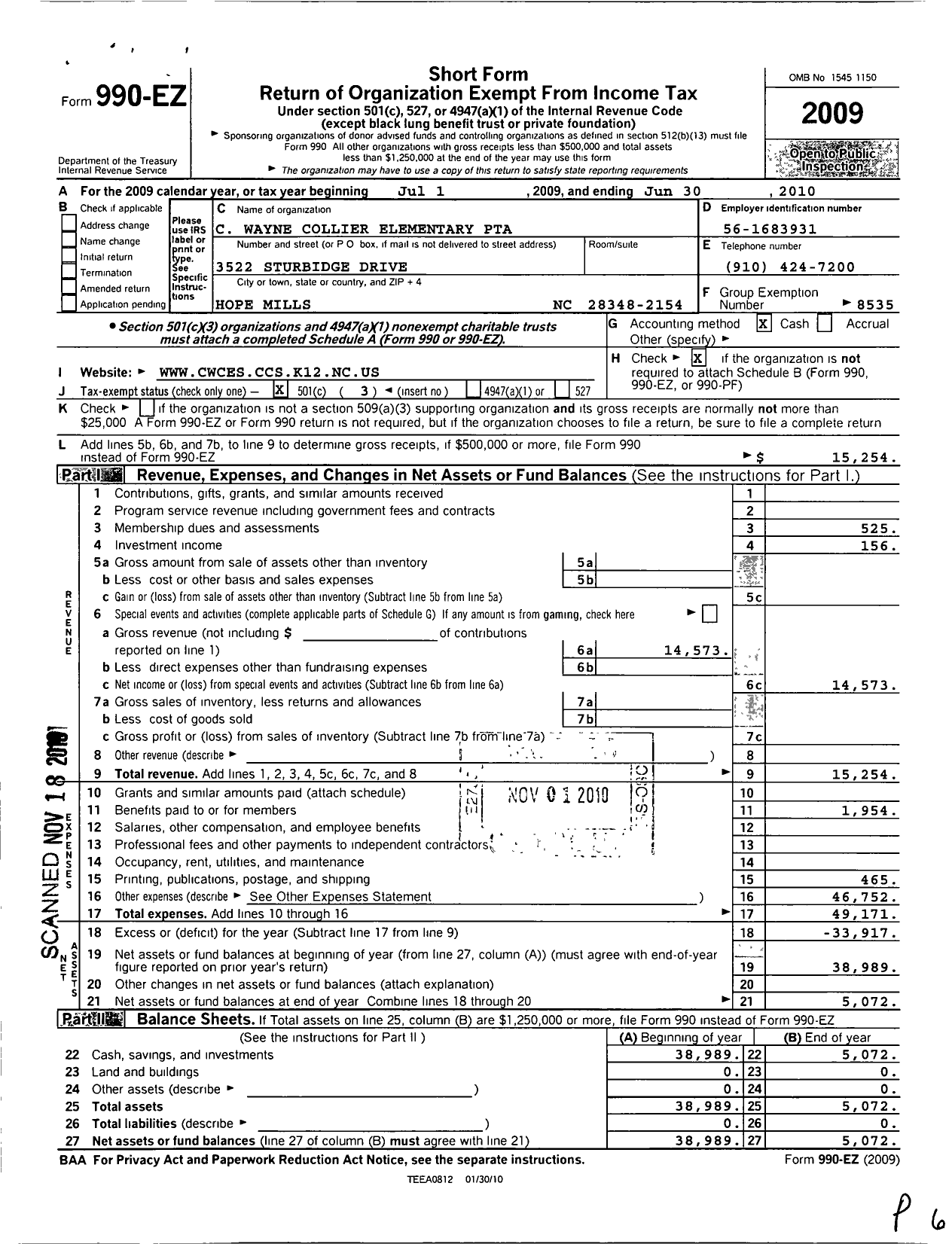 Image of first page of 2009 Form 990EZ for North Carolina PTA - C Wayne Collier Elem School PTA